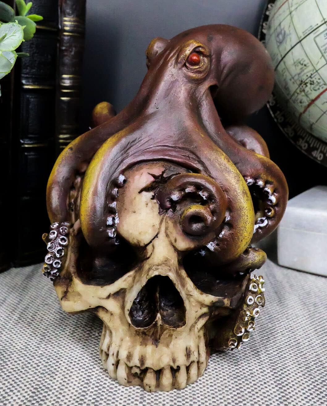 Ebros Gift Nautical Marine Sea Monster Red Eyed Octopus Wrapping Around Ruptured Impaled Skull Figurine 5.25" H Nautical Ocean Terror Myth Kraken Ossuary Macabre Skulls Skeletons Decorative Sculpture