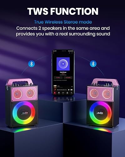 Miniatura 7 de Moukey Máquina de karaoke para adultos y niños, sistema PA portátil, altavoz Bluetooth para fiesta con 2 micrófonos inalámbricos y luz de disco