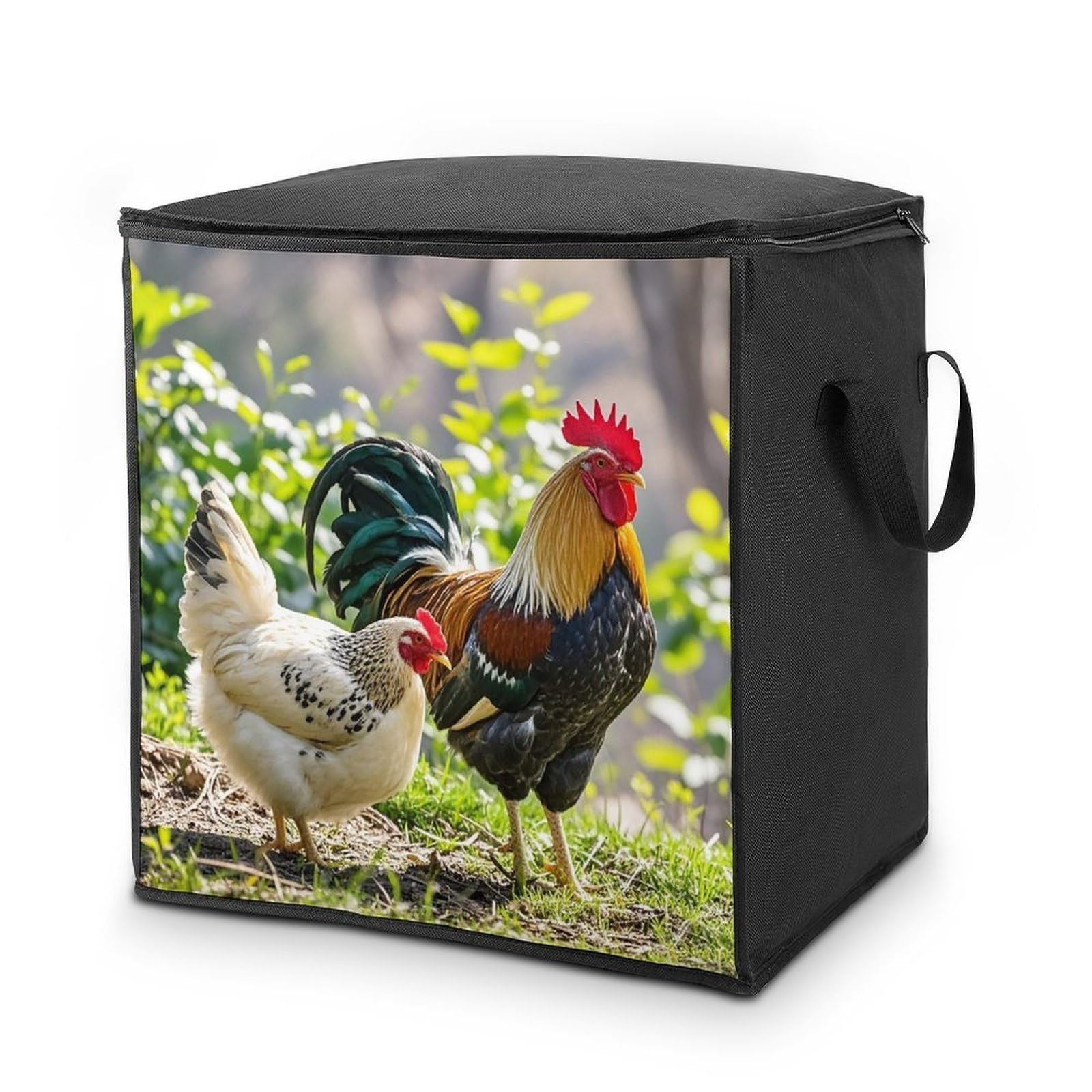70L Rooster And Hen Storage Bag With Zipper Closet Organizers with Handle for Home Storage Organizer for Blankets Quilts Clothes Comforter Bedding And Pillows