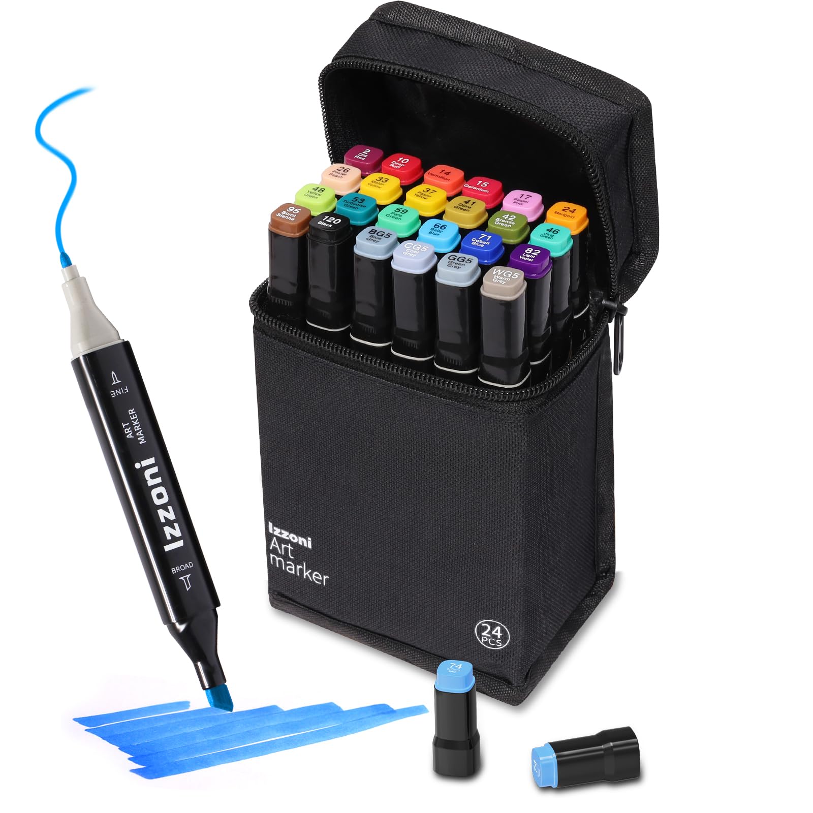 Izzoni 24 Colors Alcohol Markers Set, Dual Tip (Fine & Chisel) Coloring Markers, Permanent Art Drawing Marker for Kids Sketching Adult Coloring with