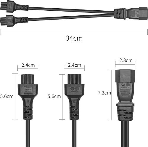 Miniatura 5 de C14 a C5 Y Splitter Power Plug Cord YACSEJAO 10A/250V IEC 320 C14 macho a 2* C5 hembra Cable divisor de alimentación para portátil (1 pie/11.8 in)