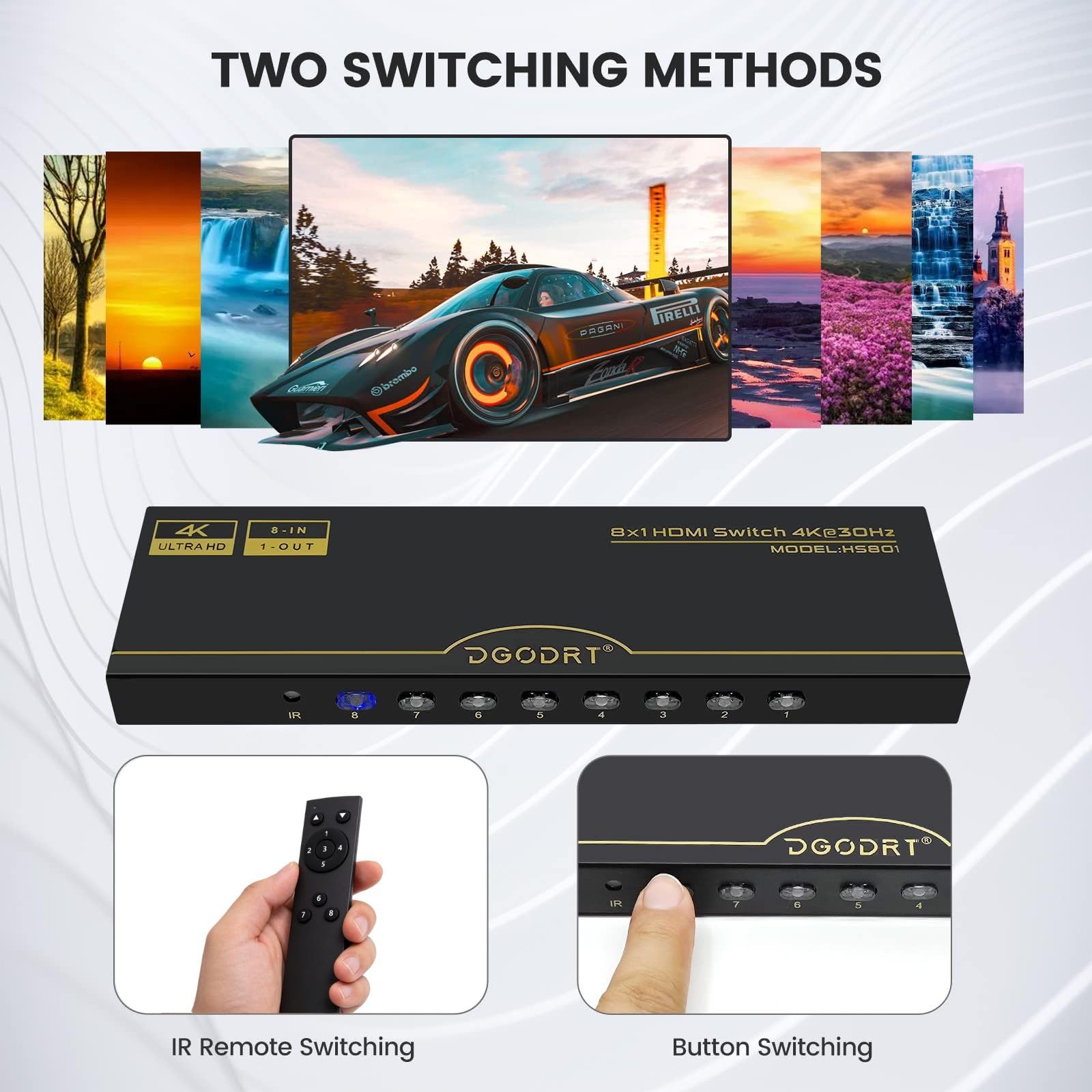 4K 30Hz HDMI Umschalter 8 in 1 Out,8 Port Automatisch HDMI Switcher Mit 5V-Netzkabel + IR-Infrarot-Empfänger,Umschaltung für Xbox,PS4,HDTV,TV Stick,Blu-Ray
