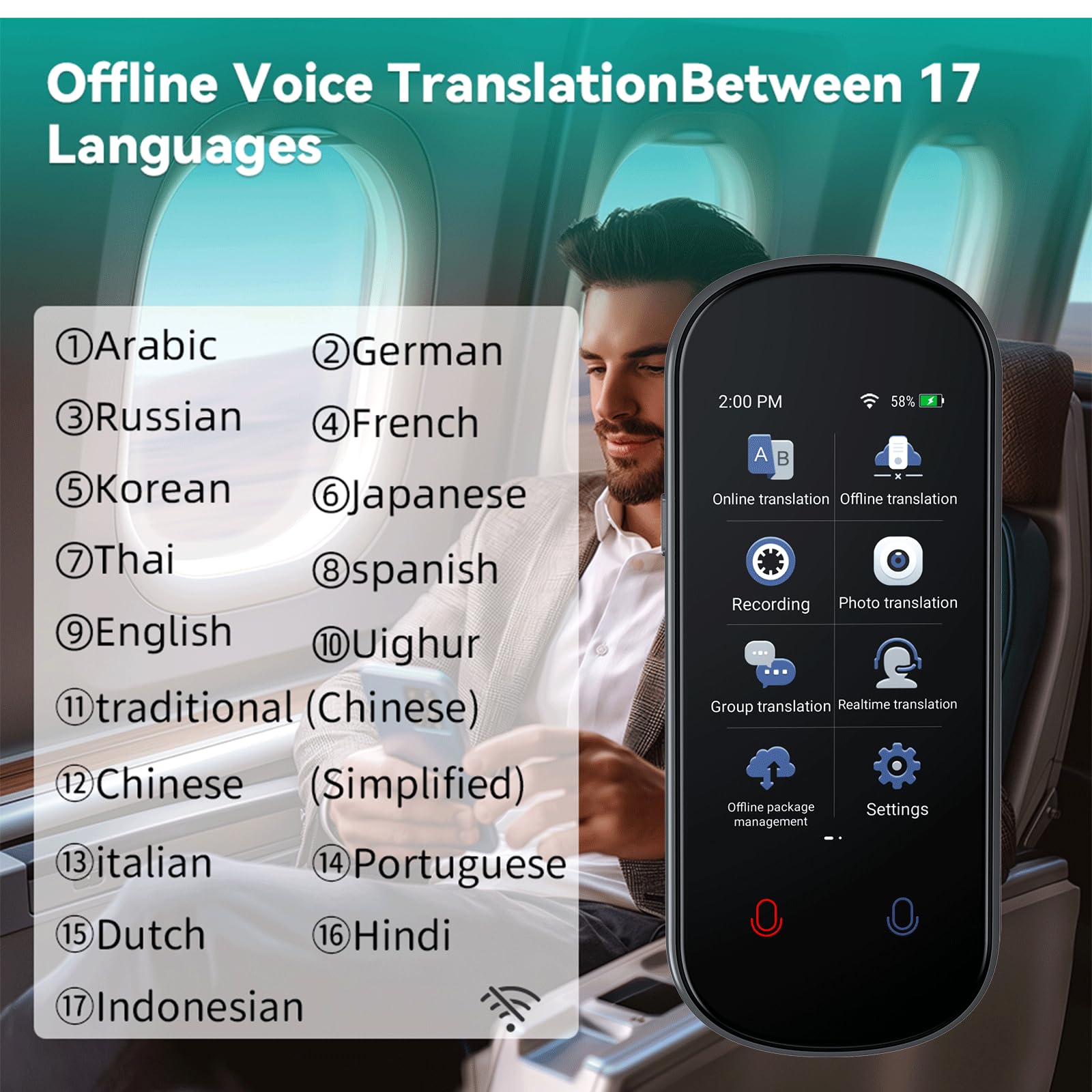 Dispositivo traduttore linguistico, traduttore istantaneo AI con 139 lingue Traduzione vocale bidirezionale in tempo reale, traduzione online/offline/foto/registrazione, traduttore portatile per