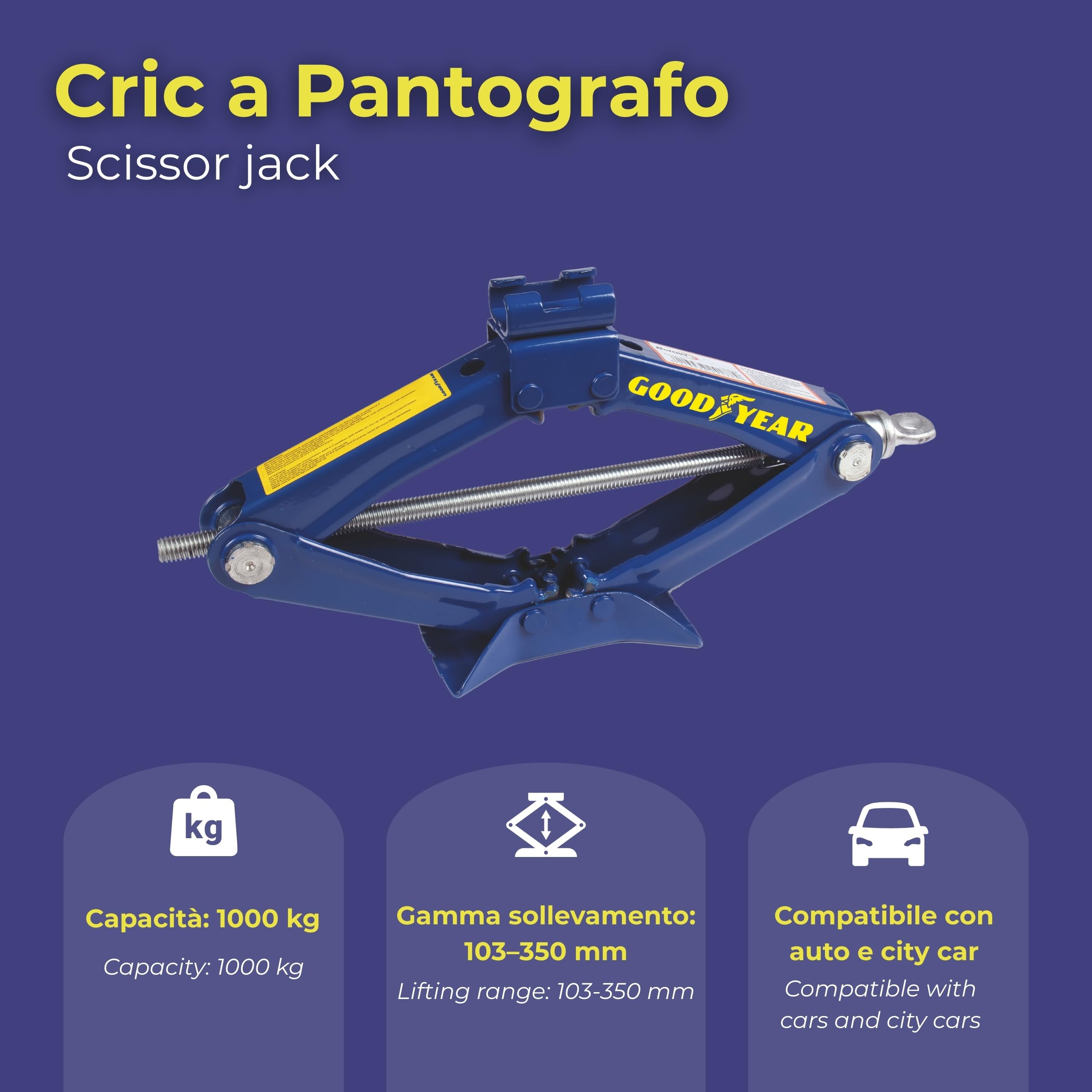 Goodyear 77467 Cric Pantografo, 1 t, Sollevamento, 95-350 mm