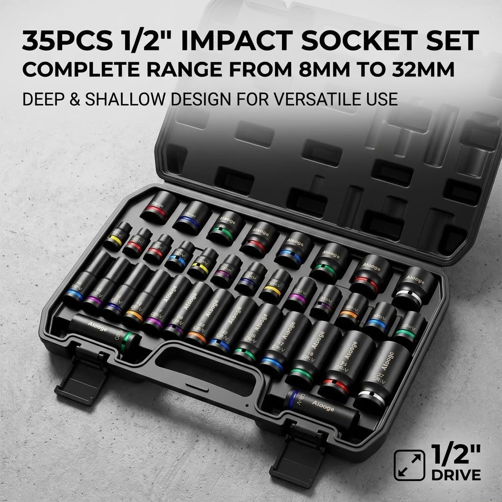 1/2-Zoll-Antrieb, 35-teiliges Schlag-Steckschlüssel-Set, 20 Stück kurz, 8–32 mm und 15 Stück tiefe 10–32 mm 6-Punkt-Stecknüsse, CR-V-Stahl, korrosionsbeständige Farbring-Stecknüsse für Auto, LKW