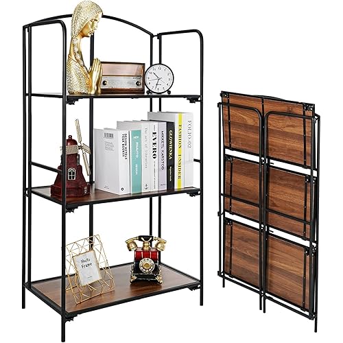 Crofy No Assembly Folding Bookshelf, 3 Tier Black Bookshelf, Metal Book Shelf for Storage, Folding Bookcase for Office Organization and Storage, 12.6 D x 22.44 W x 42.13 H Inches