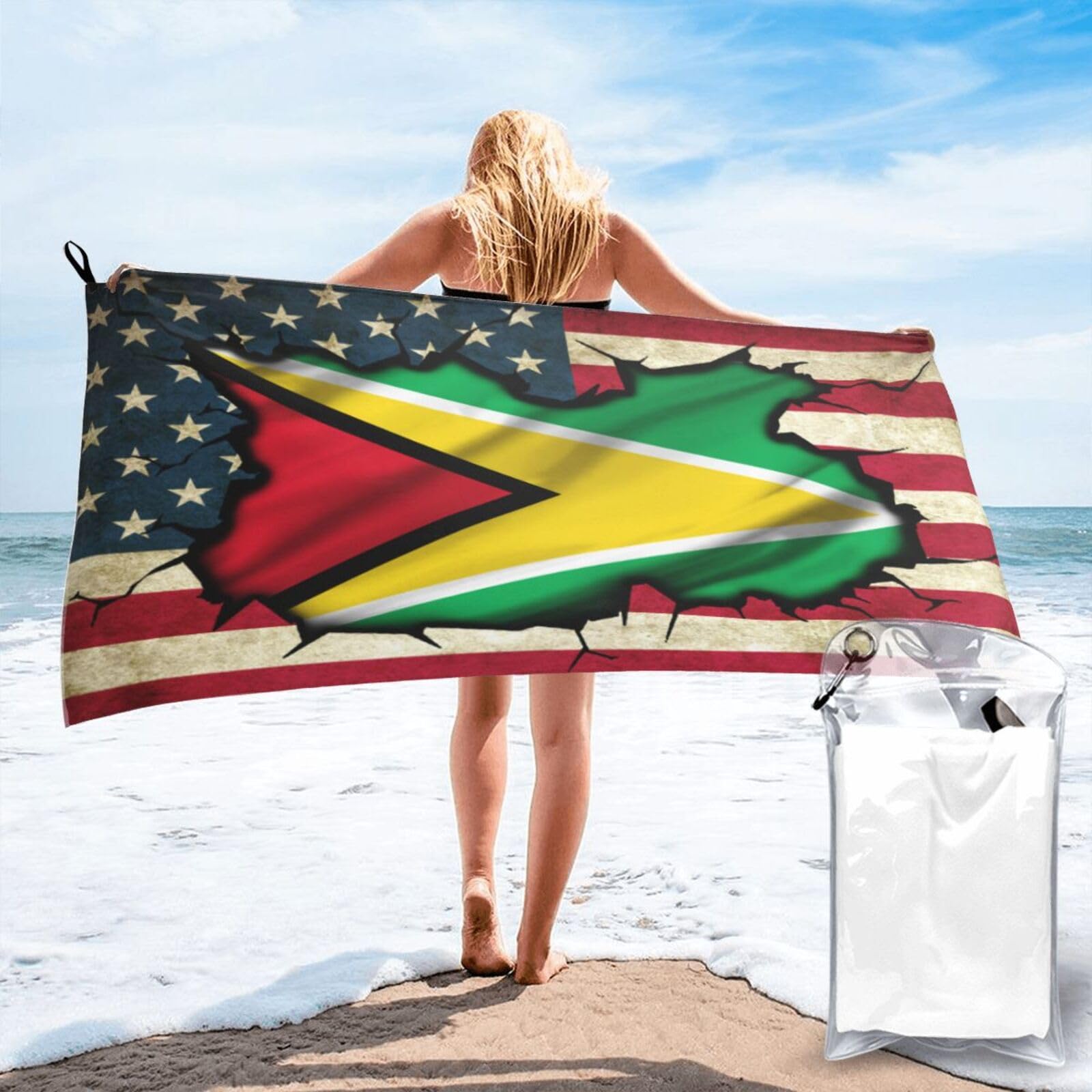 HACXZ Vintage America Flag and Guyana Flag Absorbent Beach Towel Microfiber Beach Towel Lightweight 31.5"X63"
