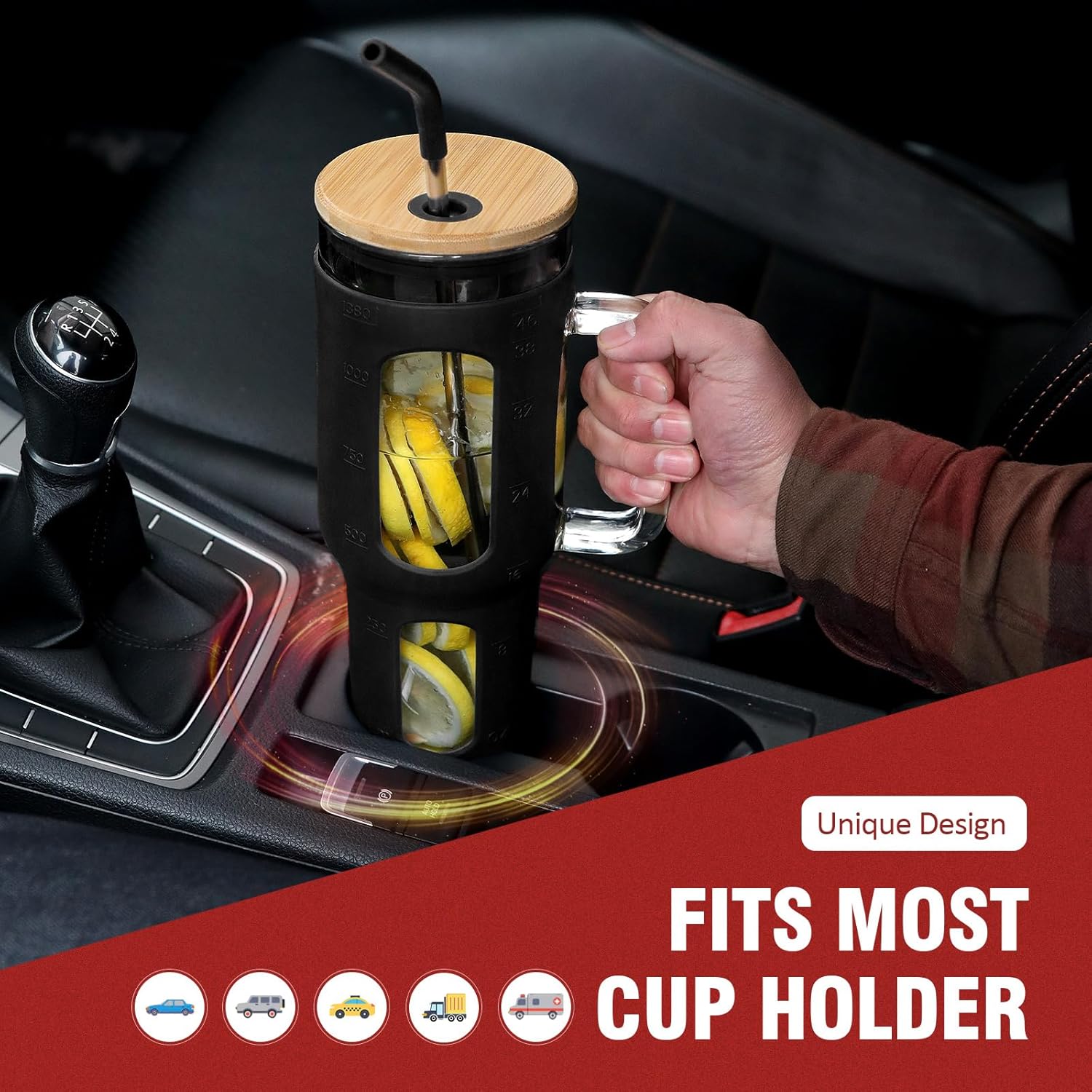 Glass Tumbler with Lid and Straw, 46 oz Iced Coffee Cup with Handle, Large Water Bottles with Silicone Sleeve, Glass Cup with Straws - Pearl Straw & Drinking Straw BPA Free-Black - Image 5