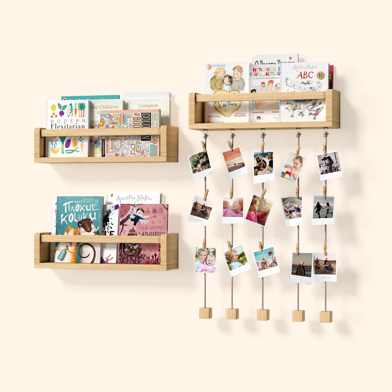 BBLIKE Étagère Murale Enfant Lot de 3-42cm Étagère Livre Enfant avec Affichage à Suspendre pour Photos, Bois Bibliothèque Enfant, Étagère Flottante Chambre Enfant pour d'enfant Salle de Jeux