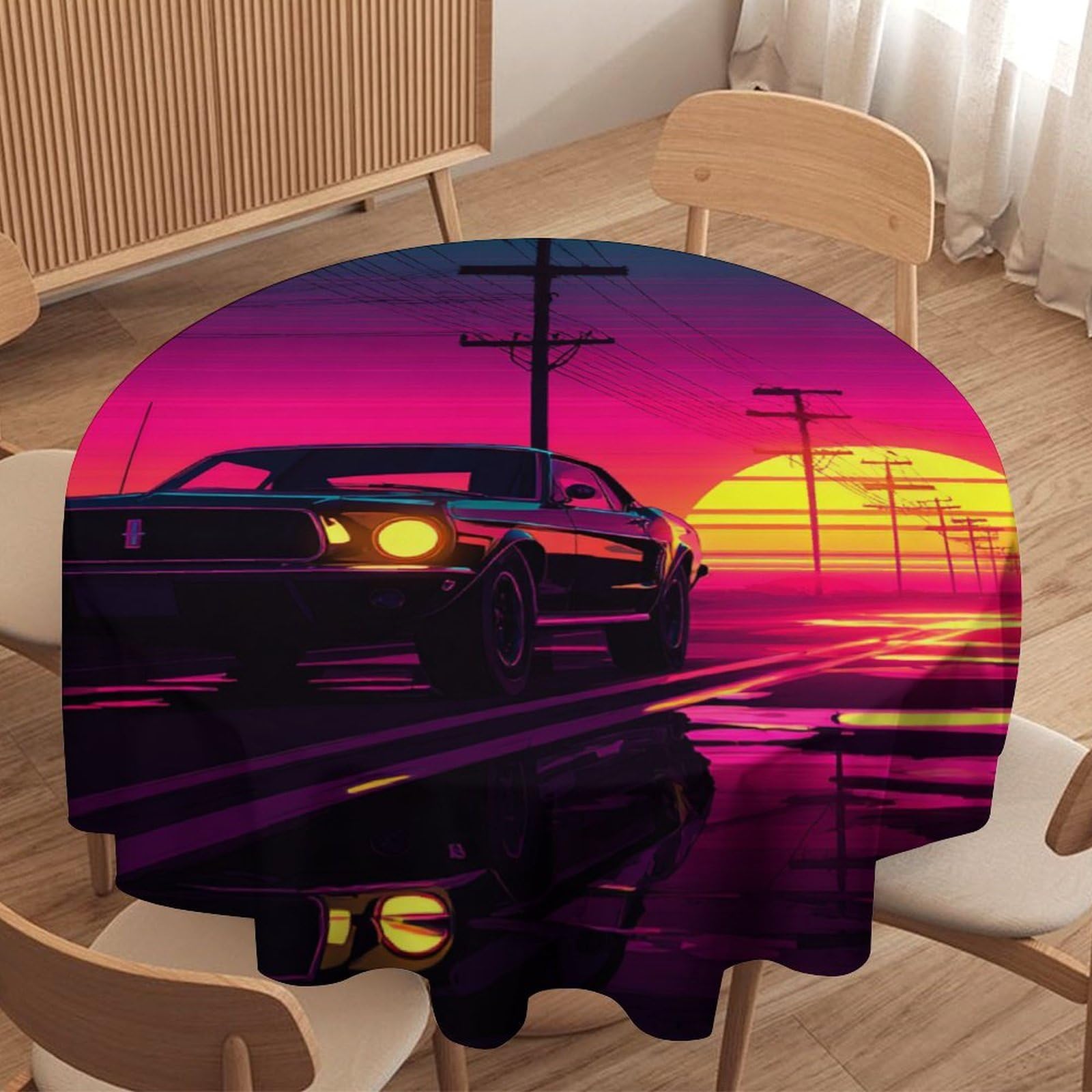 LUYYSKY Realistic Rustic Antique Car Round Tablecloth Modern Steampunk Sunset Landscape Classic Car Pattern Washable Decor for Table Cover for Kitchen-91.4" Wx91.4 L cm