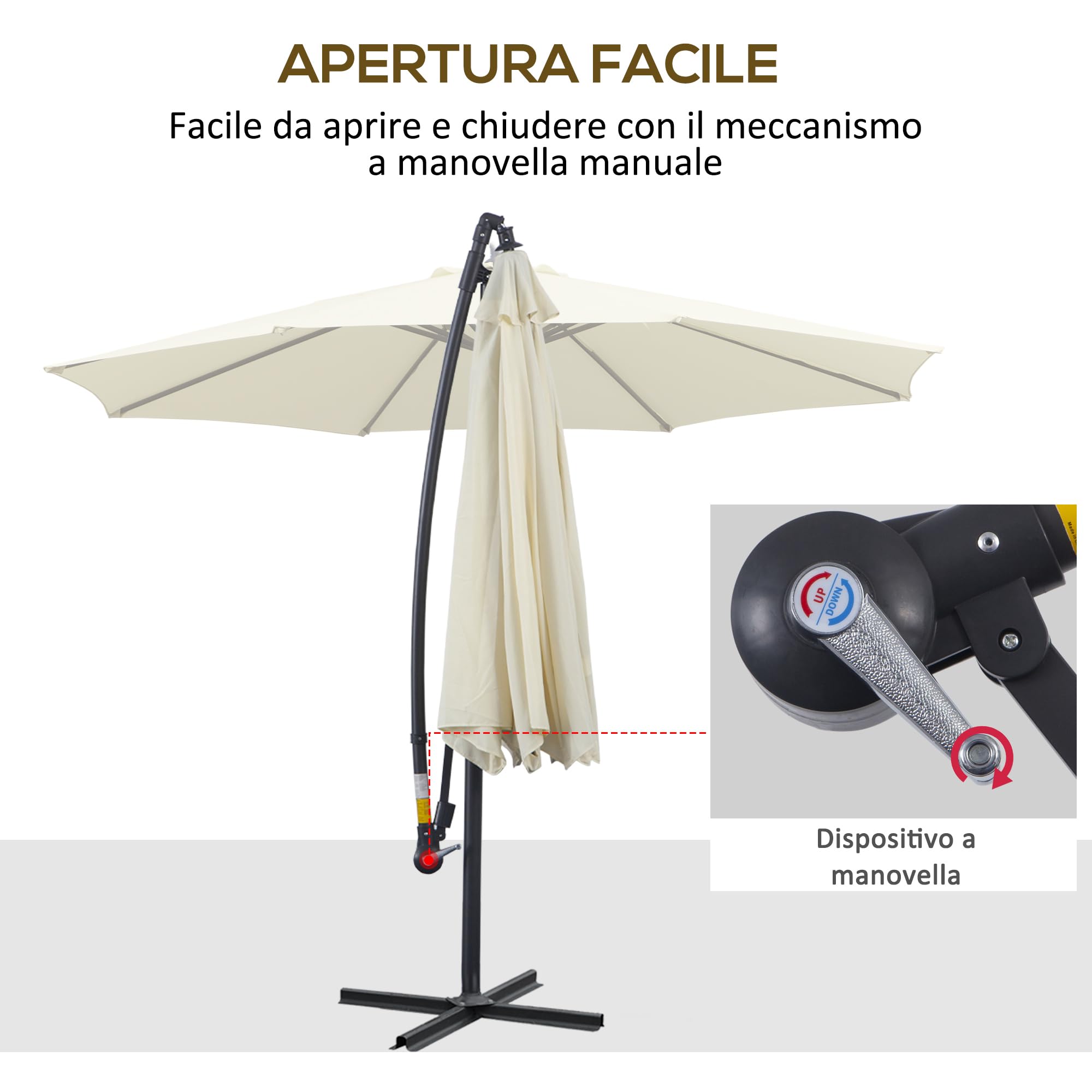 Outsunny Ombrellone da Giardino Ø3x2.5 m Inclinabile, Ombrellone Decentrato con Base a Croce e Manovella, in Metallo e Poliestere a Stecche, per Esterno Balcone Resistente ai Raggi UV, Beige