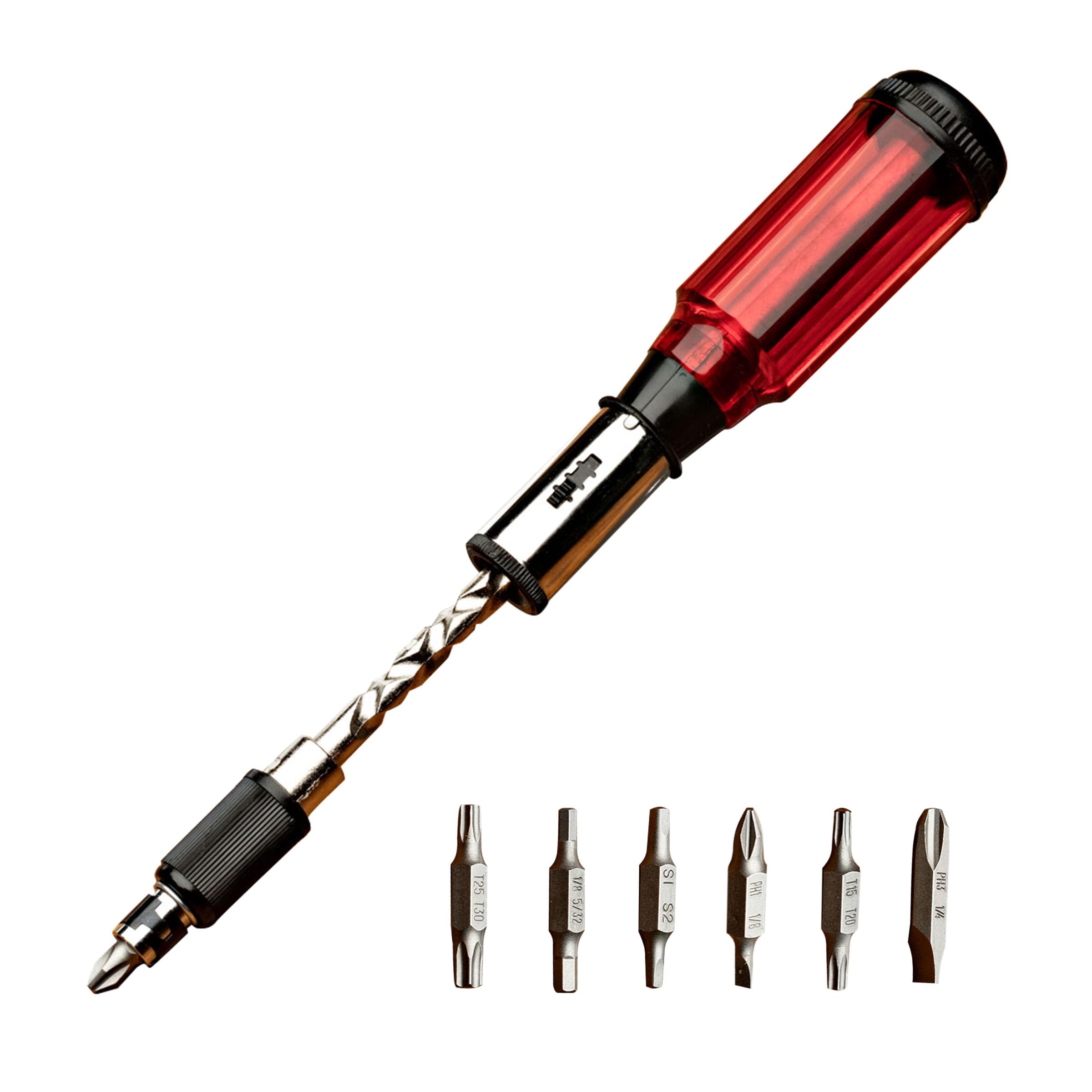 Kings County Tools Yankee Style Screwdriver | 7 Double-Sided Bits Included | Rotating Barrel with Hex Chuck | 3-Position Selector - Locked, Spiral-in and Spiral-Out | Easy on Hands