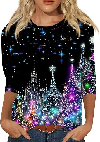 Womens Christmas Casual Round Neck Three Quarter Sleeve T Shirt Vintage