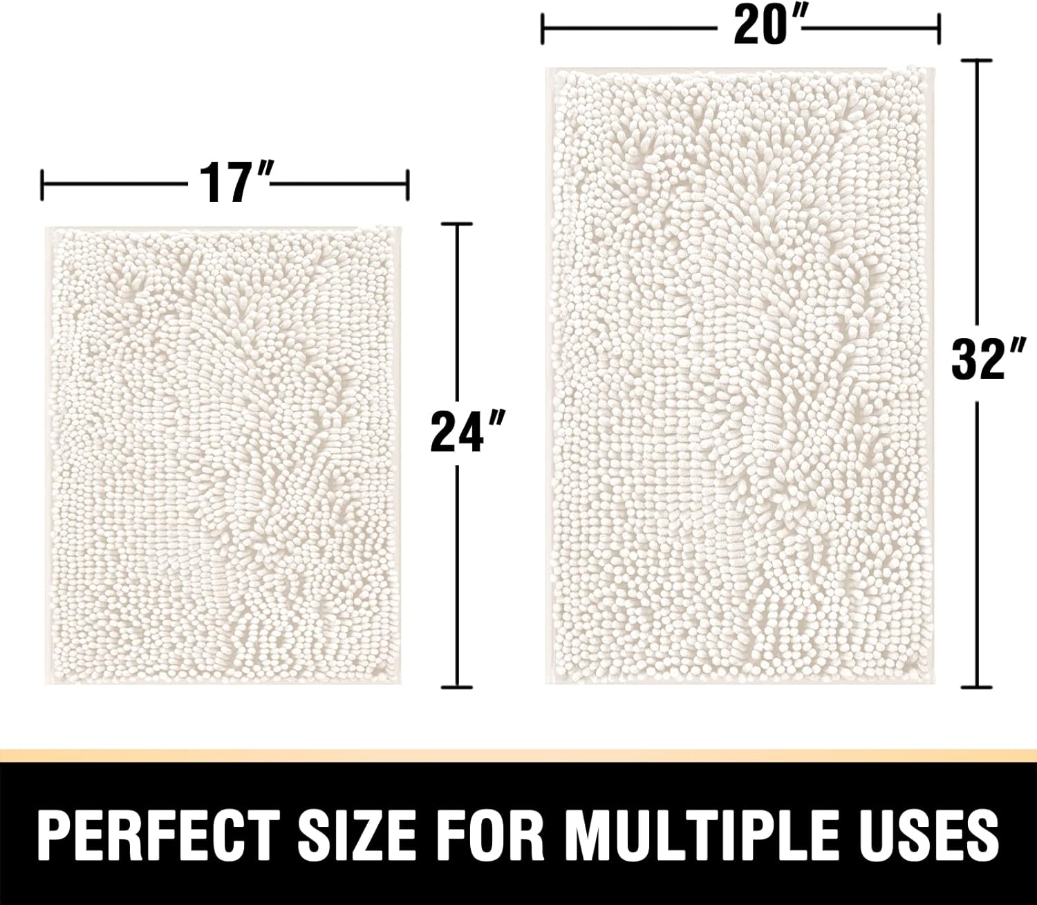 H.VERSAILTEX Bathroom Rugs, Bath Mats Non Slip Luxury Chenille Extra Soft Absorbent Shaggy, Washable Fast Dry Sets 2 Piece for Bathroom (Ivory, 20" x 32"/17" x 24")