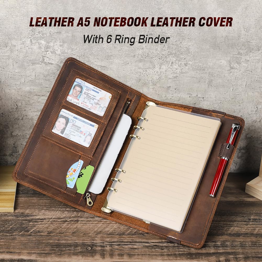 Hiram Custodia in pelle per notebook A5 con raccoglitore a 6 anelli multifunzione in pelle A5 cartella per notebook con tasca per tablet per ipad mini