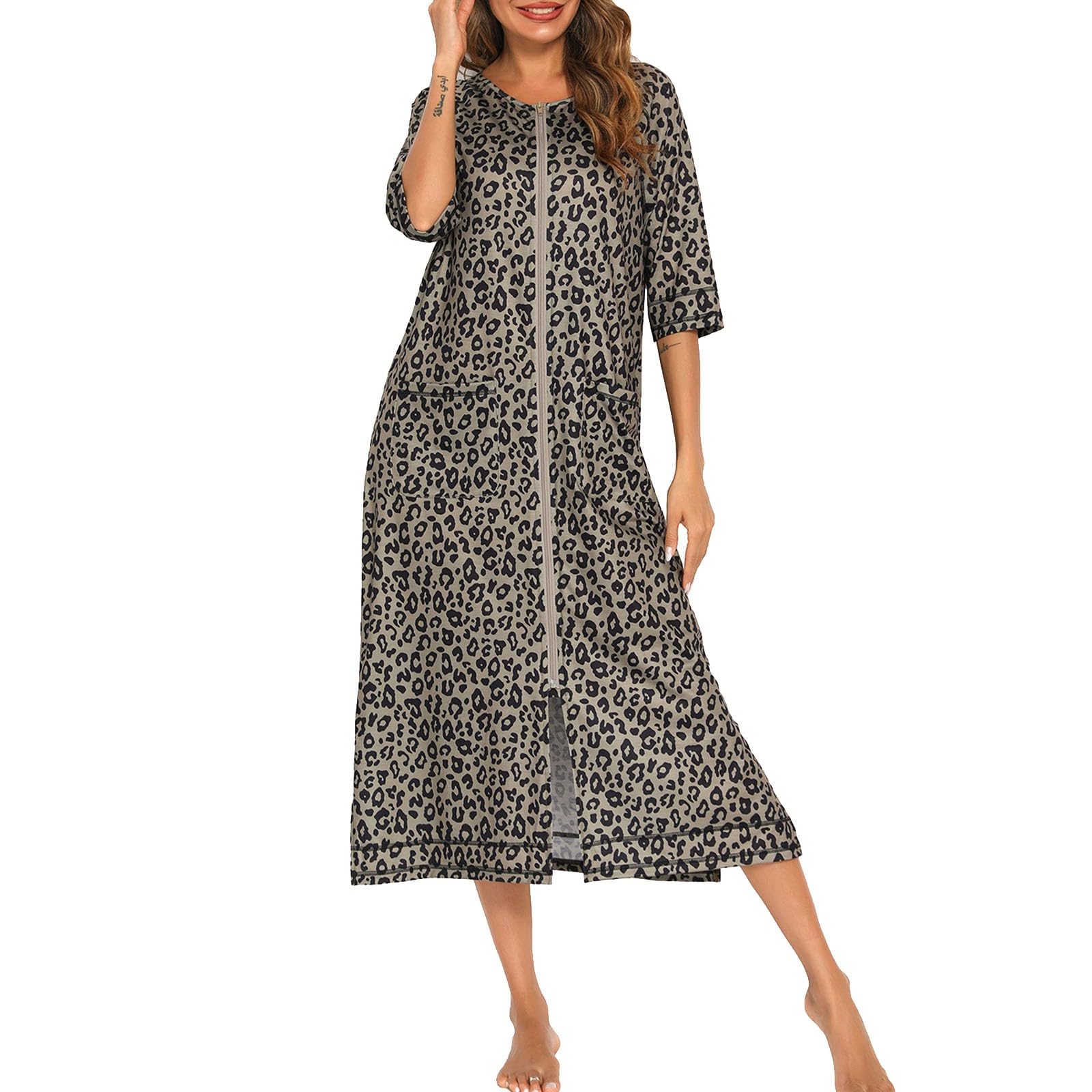 Bata de casa para mujer, batas con cremallera frontal, albornoz con medias mangas, abrigo de cuerpo completo de algodón suave con bolsillos, ropa de dormir cómoda, bata de baño larga