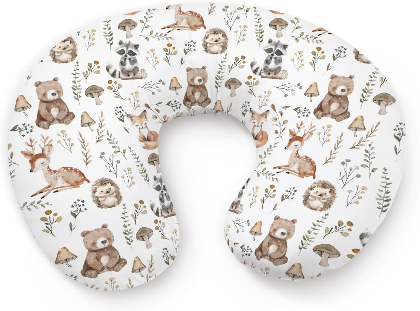 Watercolor Forest Animals Leaves Mushroom Pattern Nursing Pillow Cover, Unisex Bear Deer Hedgehog Raccoon Removable Breastfeeding Pillowcase Slipcover for Baby Girls Boys Newborns Toddlers, Cover Only