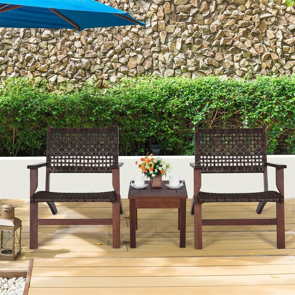 3PCS Outdoor Patio Rattan Furniture Set Solid Wood Frame Chair Coffee Table