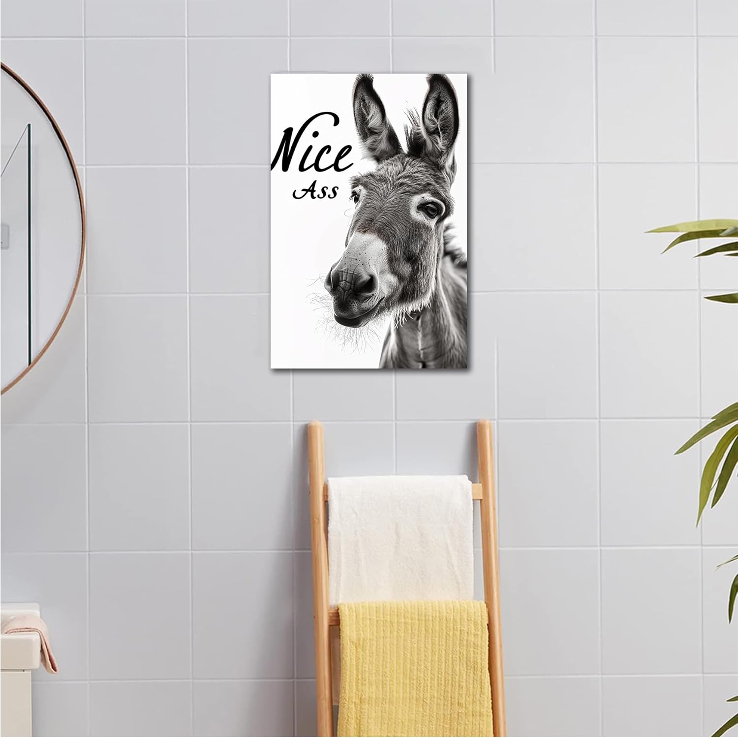 Farmhouse Bathroom Wall Art Nice Ass Picture, Funny Nice Ass Donkey Animal for Bathroom Artwork Painting Poster Wall Decor, Black and White Home Bathroom Sign Canvas Prints Wall Art Decor 12x18 Inches