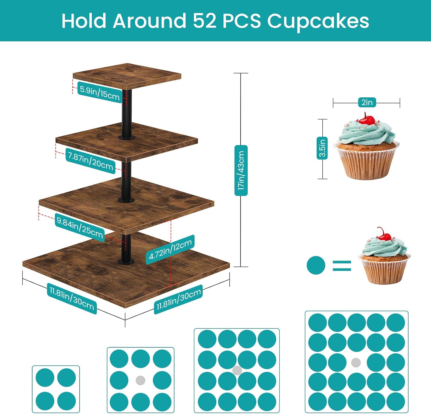 ELITEROO 4 Tier Cupcake Stand, 360 Rotating Cupcake Stand for 50 Cupcakes, Square Tiered Cup Cake Tower Holder, Wooden Dessert Display Stands for Party Wedding Graduation Birthday Baby Shower - Image 5