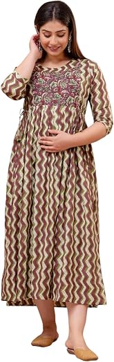 Vivan Enterprises Women's Pure Cotton Maternity Gown Dress | A-line Feeding Kurti | Brown Kurtis for Women &amp; Girl