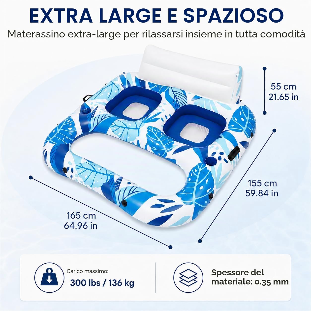 Poltrona gonfiabile per 2 persone con ampio schienale | Isola galleggiante, materassino ad aria, portabibite, maniglia, per spiaggia e piscina, per adulti
