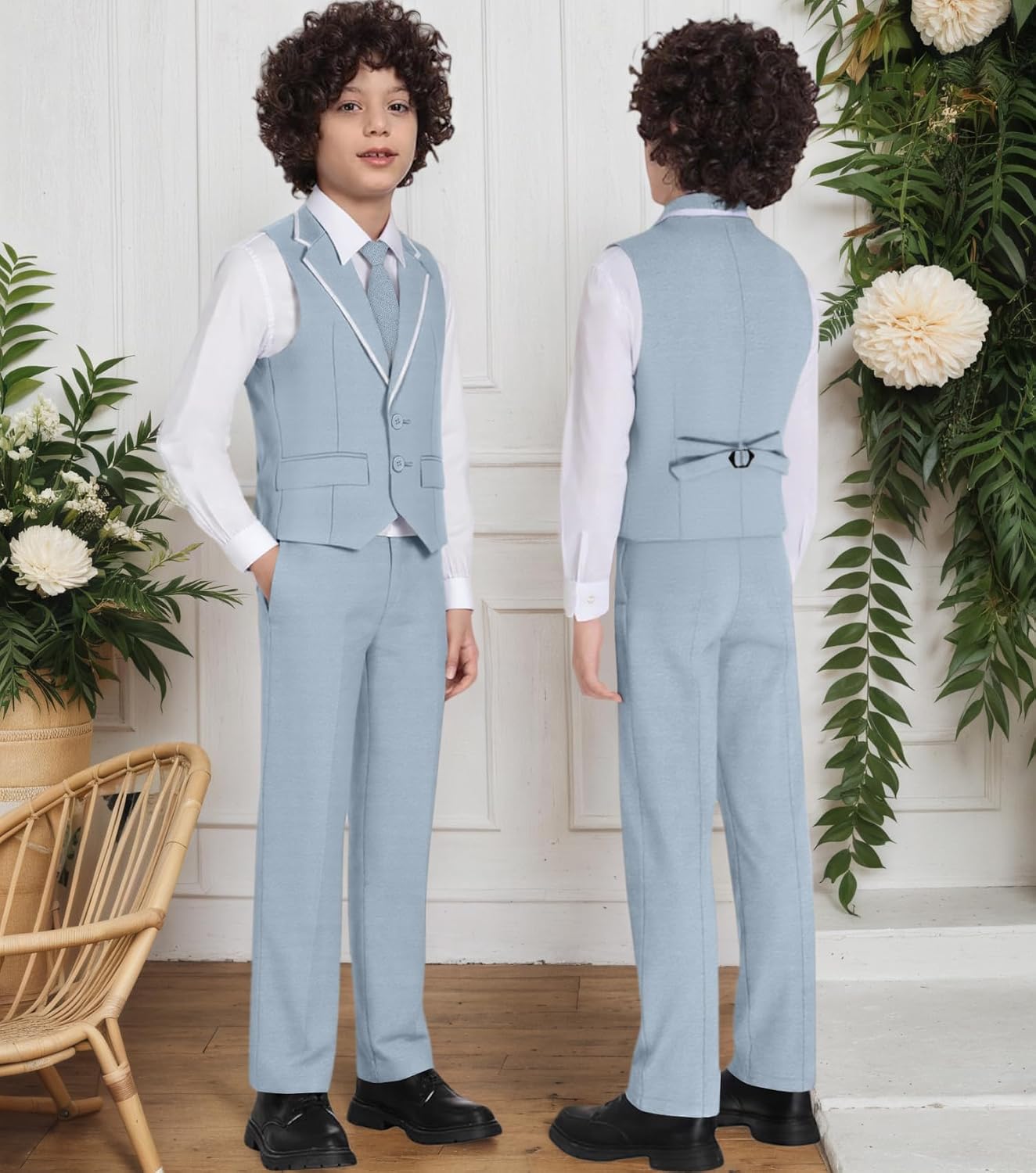 DOISPON Boys Suit Kids Tuxedo Slim Fit 5 Pcs Shirt Vest Pants Set for Teens Dress Clothes Wedding Outfit with Tie and Bow Tie