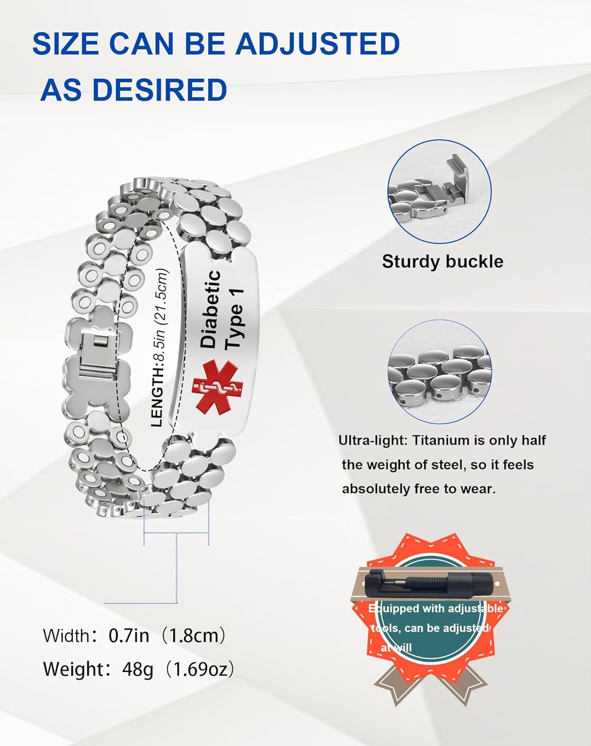 Medical Alert Bracelets For Men, 8.46'' Magnetic Titanium Bracelet With 42 Magnets, Suitable For Type 1 Diabetes, Type 2 Diabetes, Epilepsy
