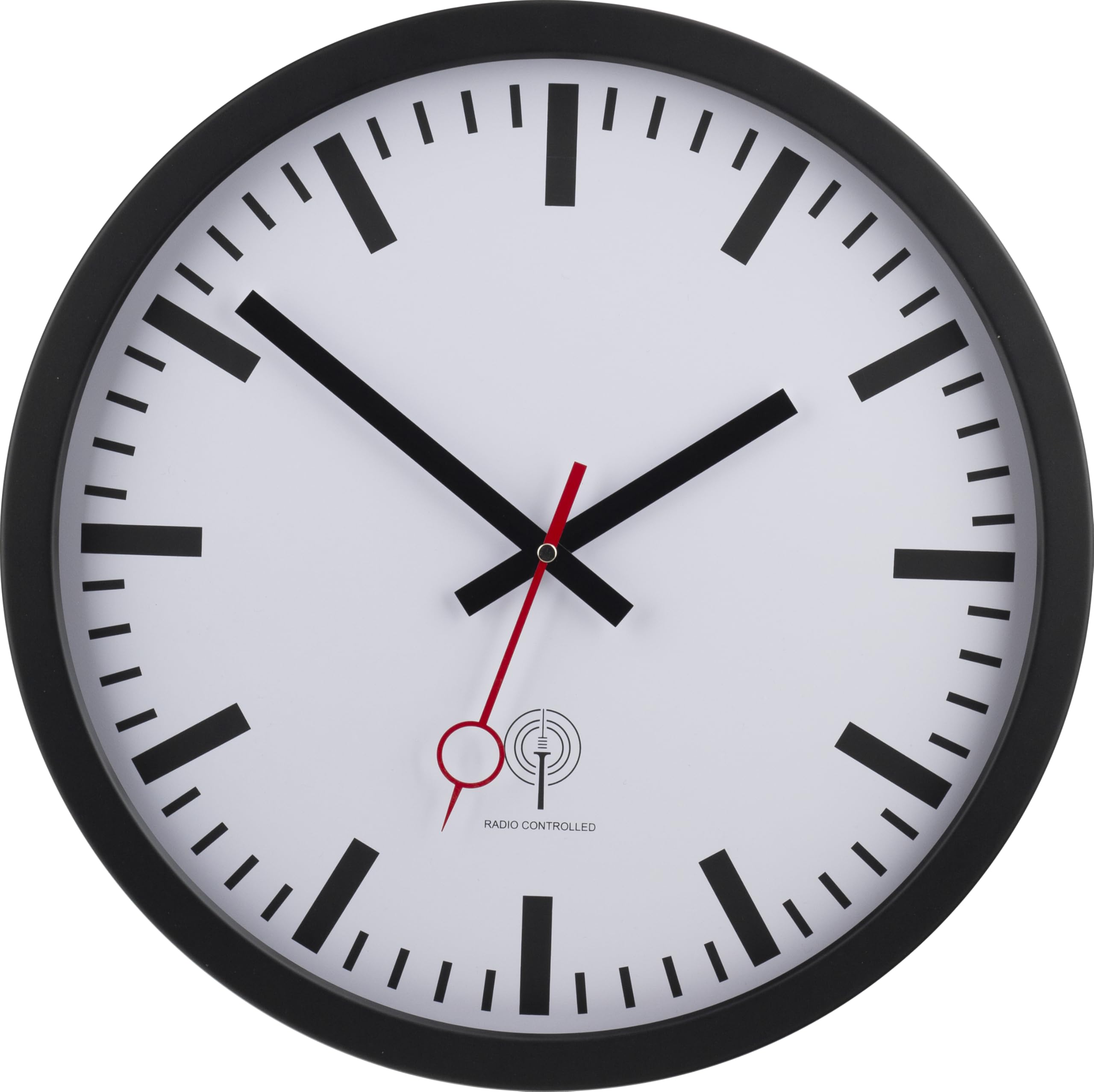 56861-05-Eurotime radiowy zegar ścienny ze wskazówkami sekundowymi na stacji kolejowej, krok sekundy, średnica 40 cm, metalowa obudowa i prawdziwe szkło, cyferblat stacji i zestaw wskazówek, czarny