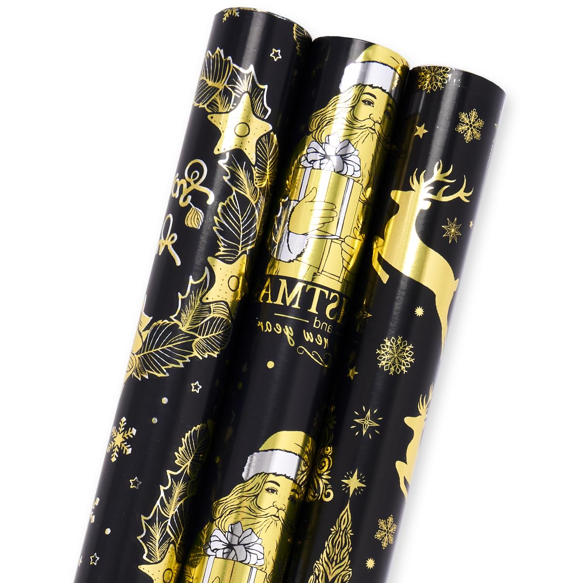 3 Rolls Gift Wrapping Paper for Christmas : Black Metallic Foil Paper with Gold Festive Pattern 43cm x 3M Glitter Wrapping Paper