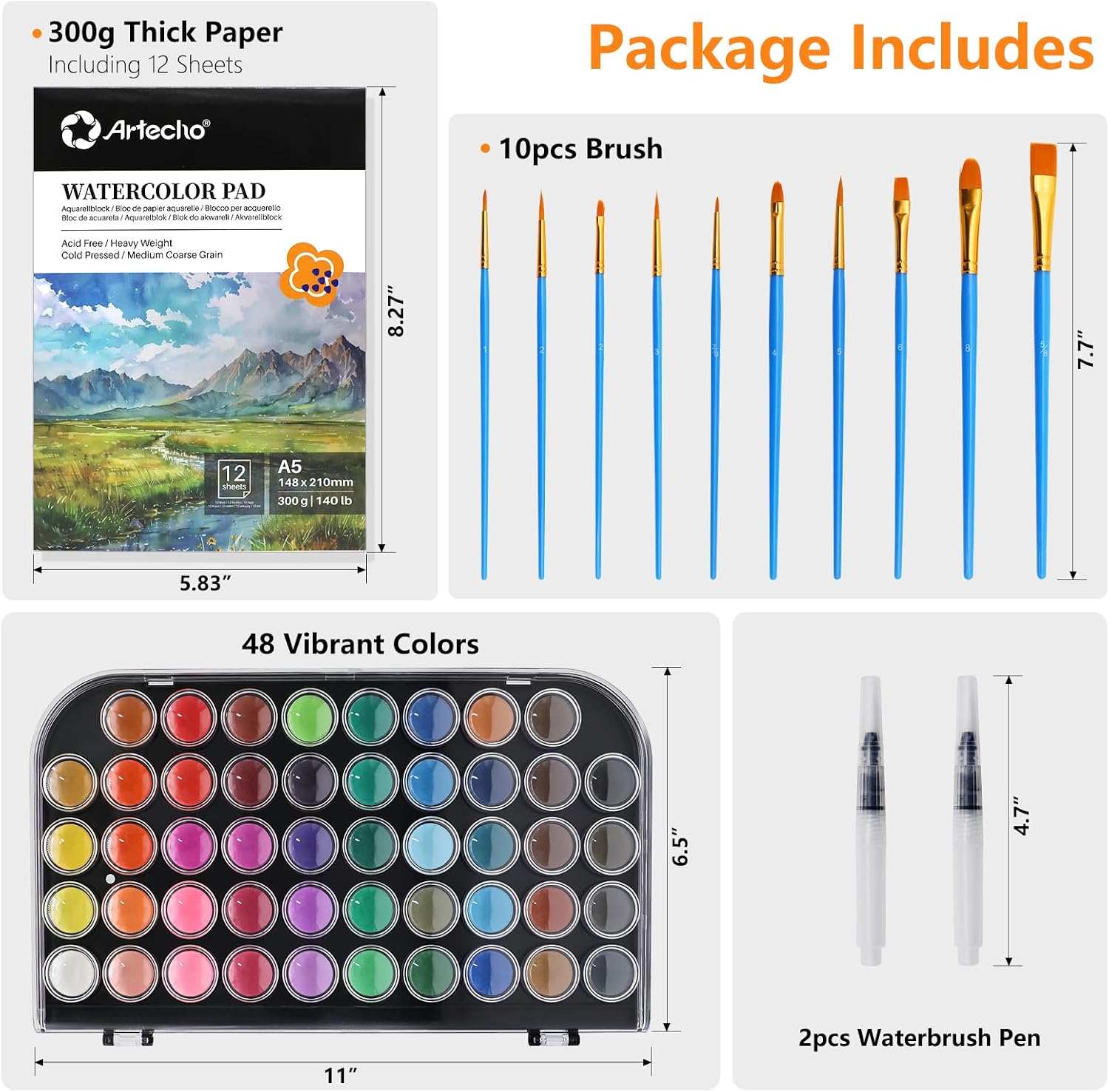 Artecho 48 Colors Watercolor Paint Set with 10 Paint Brushes, A5 Watercolor Paper Pad and 2 Watercolor Pens, Washable Water Colors Paint Adult Set