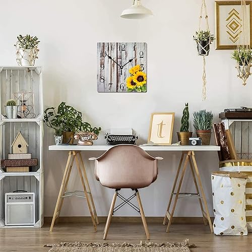 Miniatura 7 de Reloj de pared de madera con girasoles con madera rústica vintage que no hace tictac, reloj de pared cuadrado de estilo antiguo estilo campestre