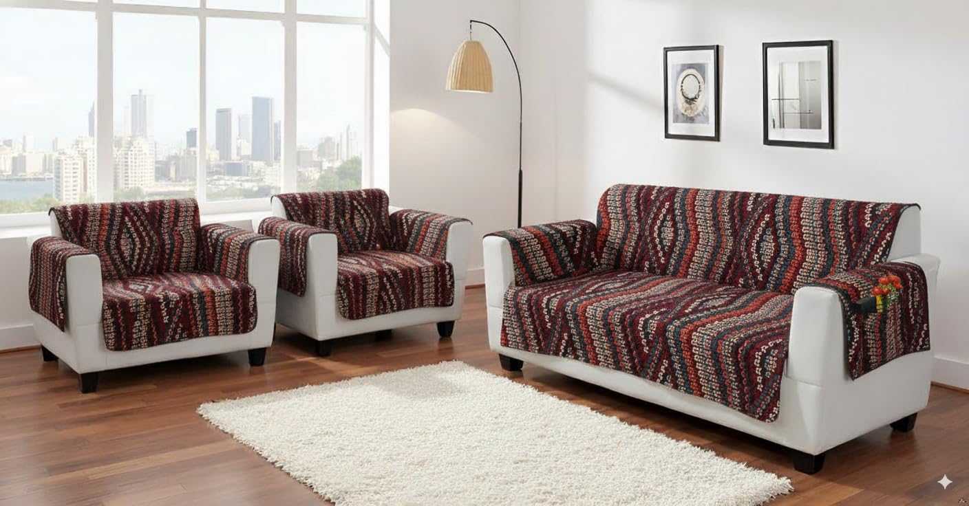 Quilted Sofa Cover for 5 Seater | Premium Armchair Protector | Antislip Backing | Side Pockets | Soft & Washable Fabric | Ideal for Homes with Pets, Kids, Daily Use - Maroon-image-23