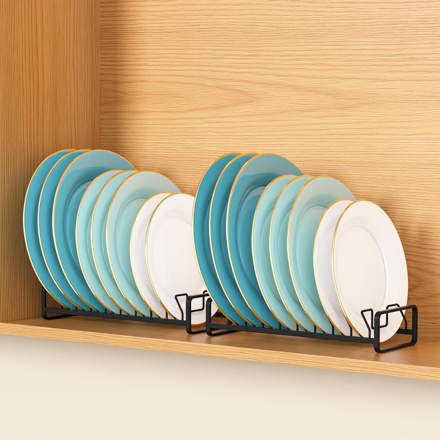 Plate Organizer for Cabinet -2Pack,Dish Rack Organizer for Cabinet Kitchen Countertop Drawer Space Saver,8 Slots Vertical Dish Plate Holder Storage Rack, Kitchen Housewarming Gifts for Women (Black)