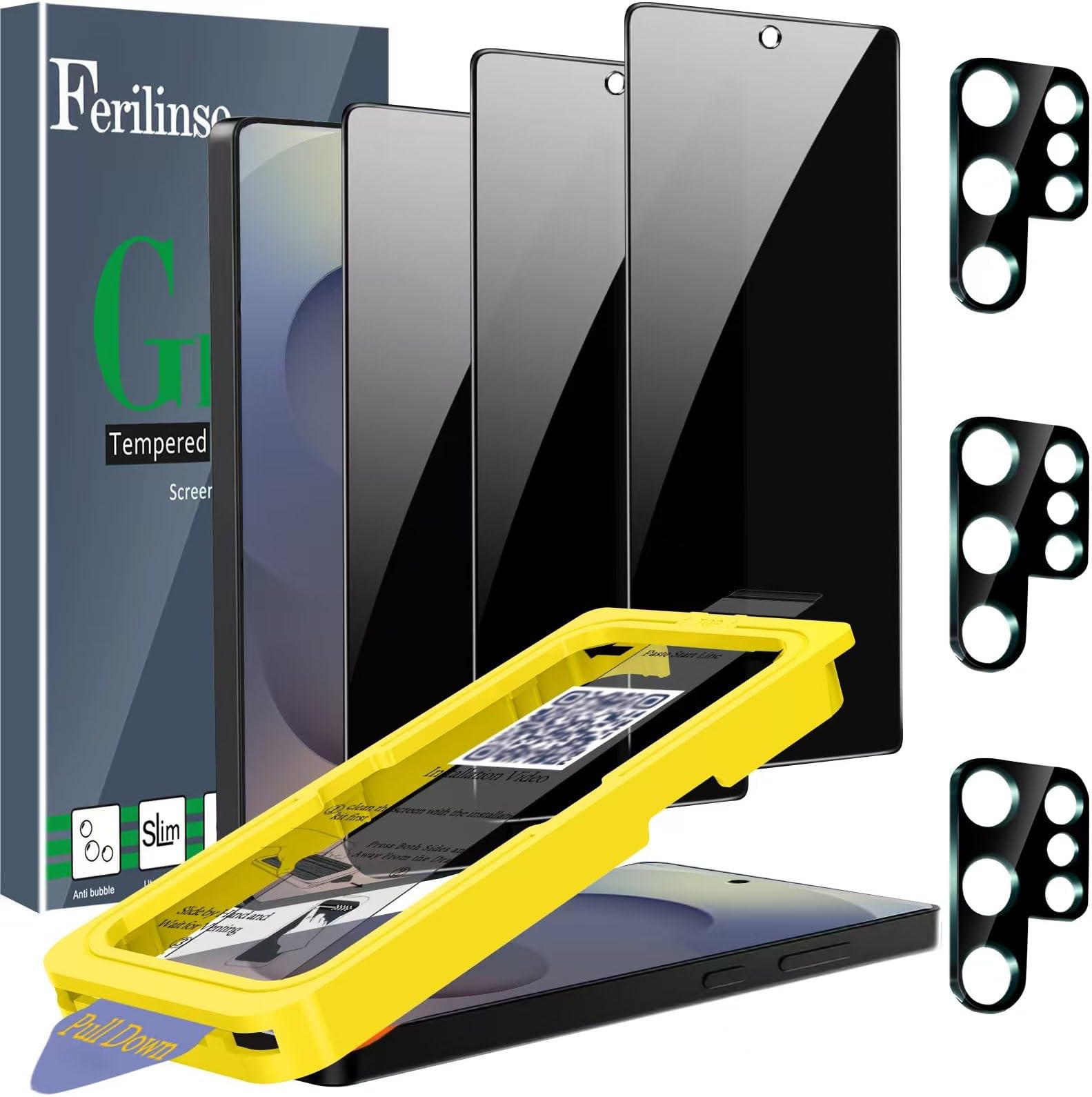 Ferilinso [Auto Dust Install] 3 Pack Privacy Screen Protector for Samsung Galaxy S25 Ultra [Phone Case fit], 3 Tempered Glass Camera Lens Accessories for Samsung S25 Ultra