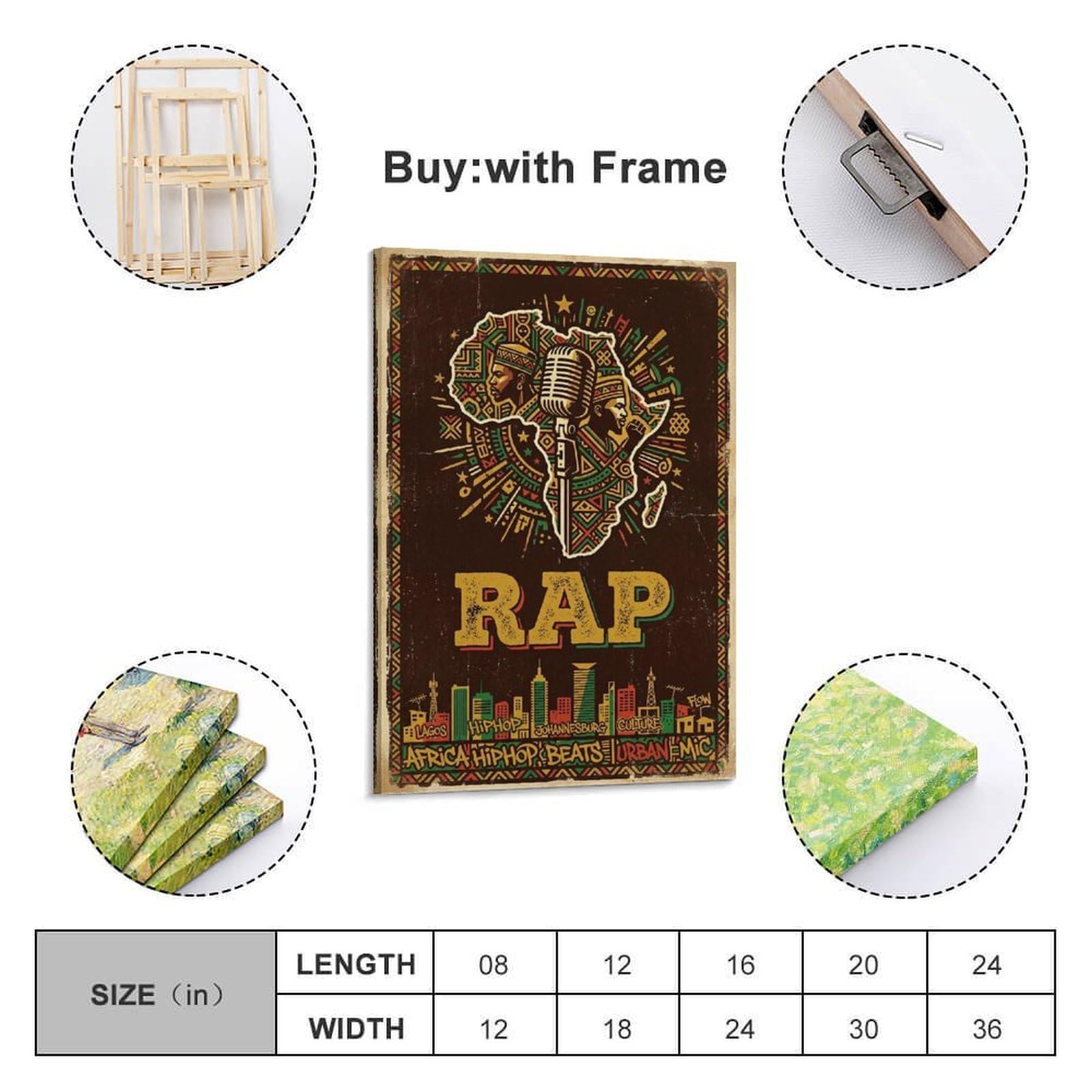 OKNGB Poster con musica rap africana, mappa hiphop con microfono, poster decorativo da parete su tela, poster decorativo per camera da letto, poster decorativo per camera da letto, 40 x 60 cm