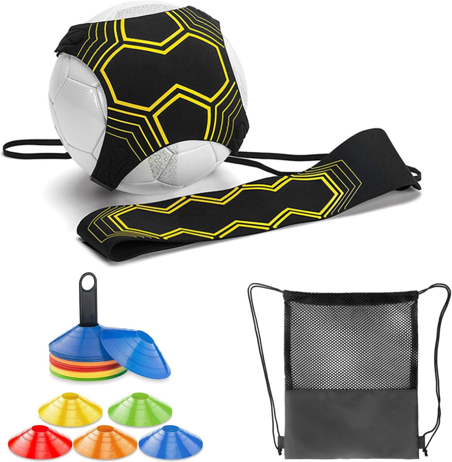 Football Training Equipment Belt Trainer Soccer Kick Trainer Keepy Uppy, Fit For Size #3#4#5 With Marker Cones & Carry Stand And Drawstring Backpack (Kick Trainer+10pcs merkers cones +Backpack)