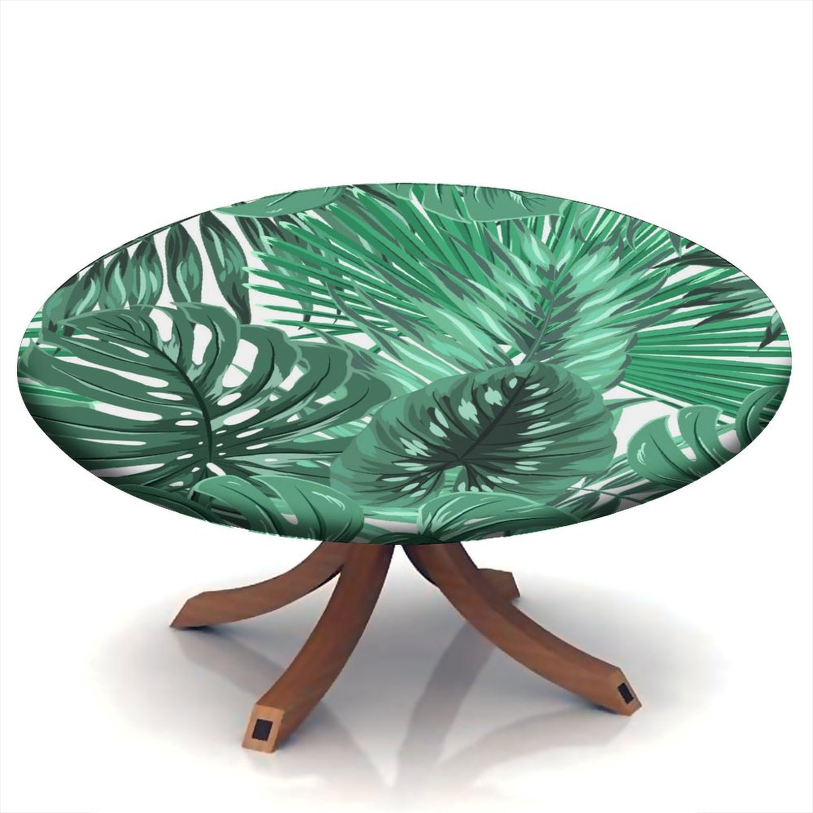 Fitted Polyester Tablecloth Round, Tropical Plant Elastic Edge Home Decor Tablecloth, Oil & Dust Proof Washable Table Cover for Family Festival Party