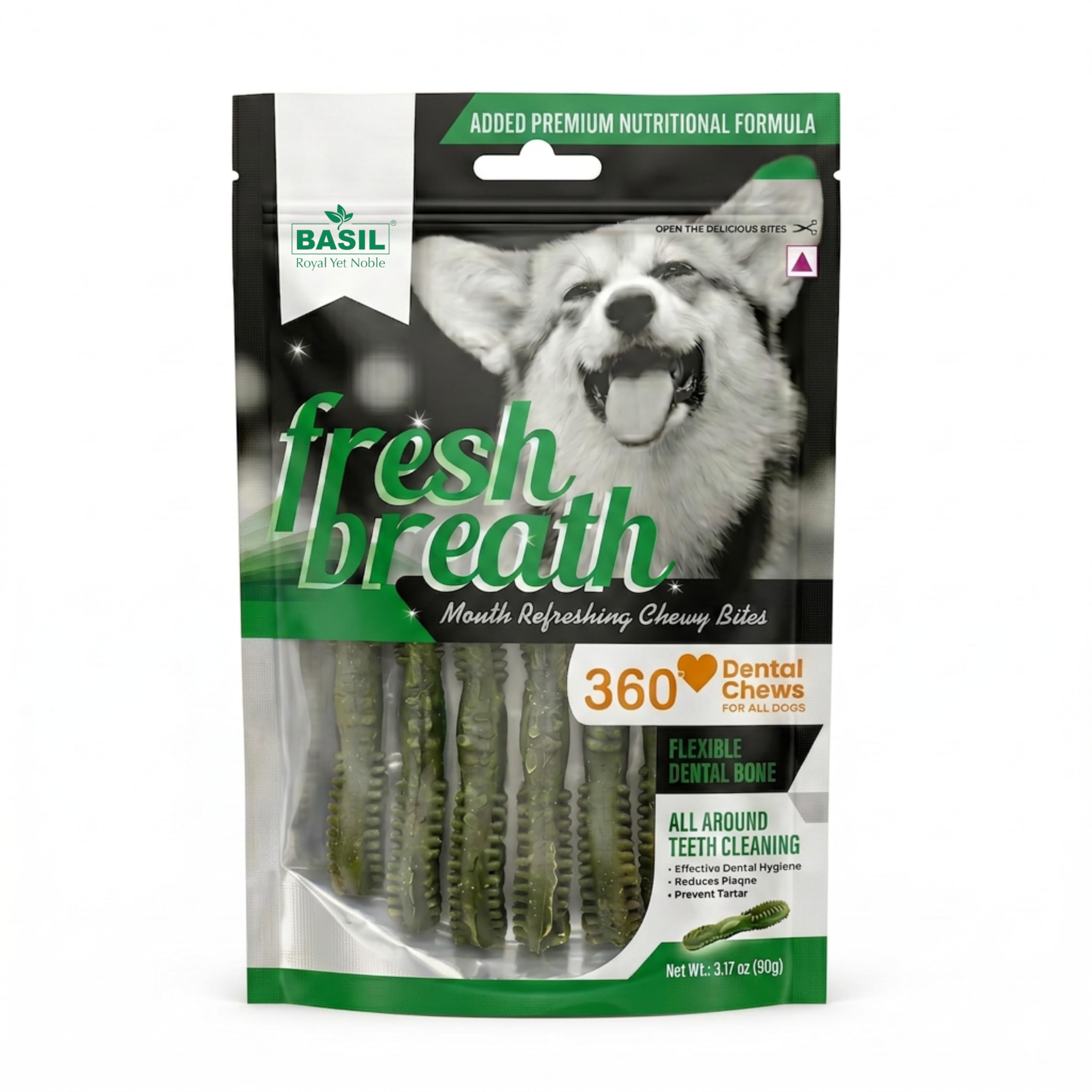 Basil Fresh Breath Mouth Refreshing Chewy Bites 360 Dental Chews for All Dogs Flexible Dental Bone - 90 Grams-image-5