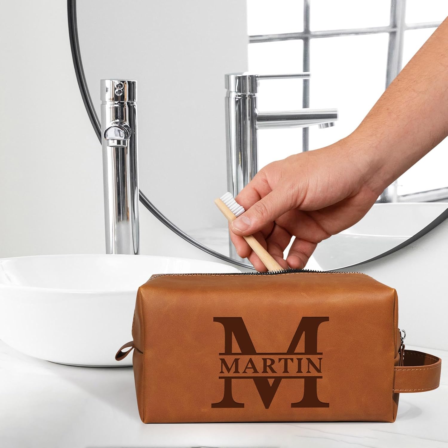 Personalized Leather Toiletry Bag for Men, Engraved Name Travel Toiletry Bag Dopp Kit, Personalized Gifts for Men Dad Husband Boyfriend, Customized Gifts for Birthday Christmas Fathers Day Anniversary - Image 6