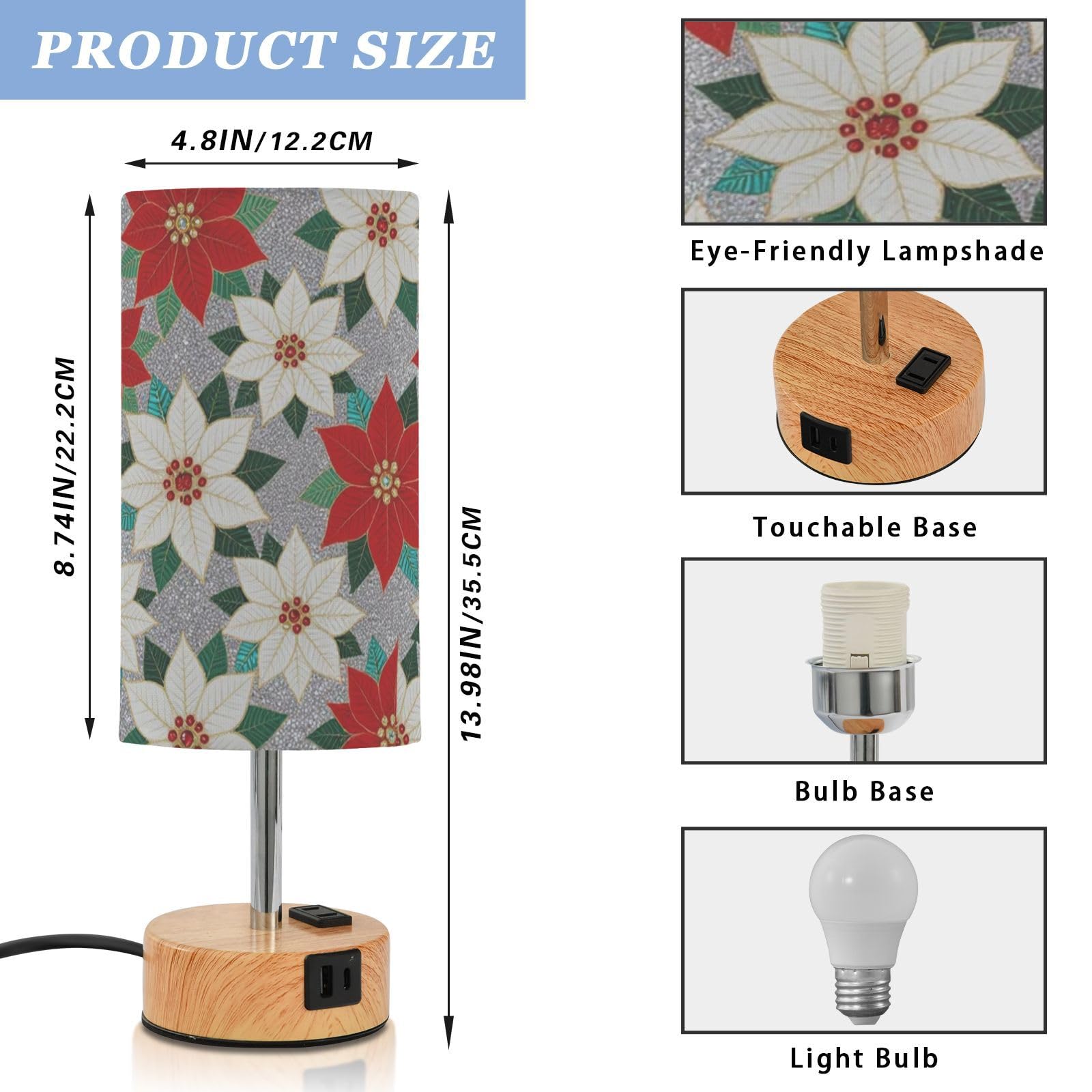 Yuiboo Mała lampa z portami USB C+A, lampa biurkowa do nauki czytania