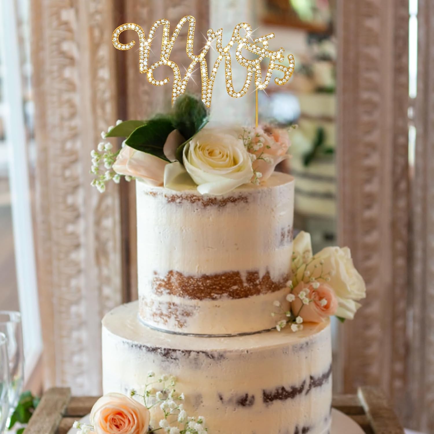 Jaciya Wedding Cake Topper Gold Rhinestone Mr & Mrs Cake Topper Sparkly Crystal Wedding Decoration