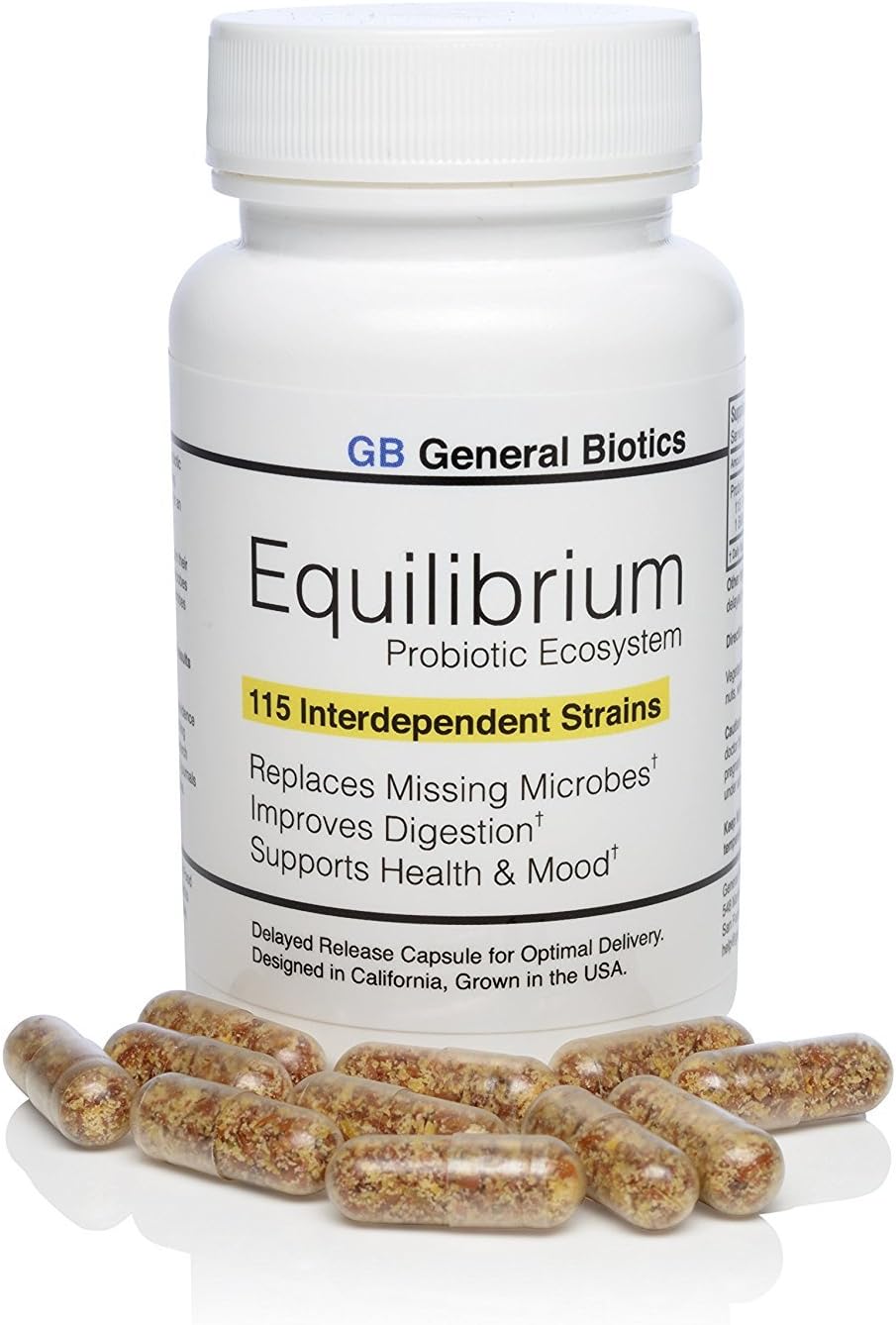 Equilibrium Probiotic Supplement with Prebiotic โ Daily Time Release โ 30 Easy to Swallow Capsules โ Highest Strain Count in The World โ 115-Strains