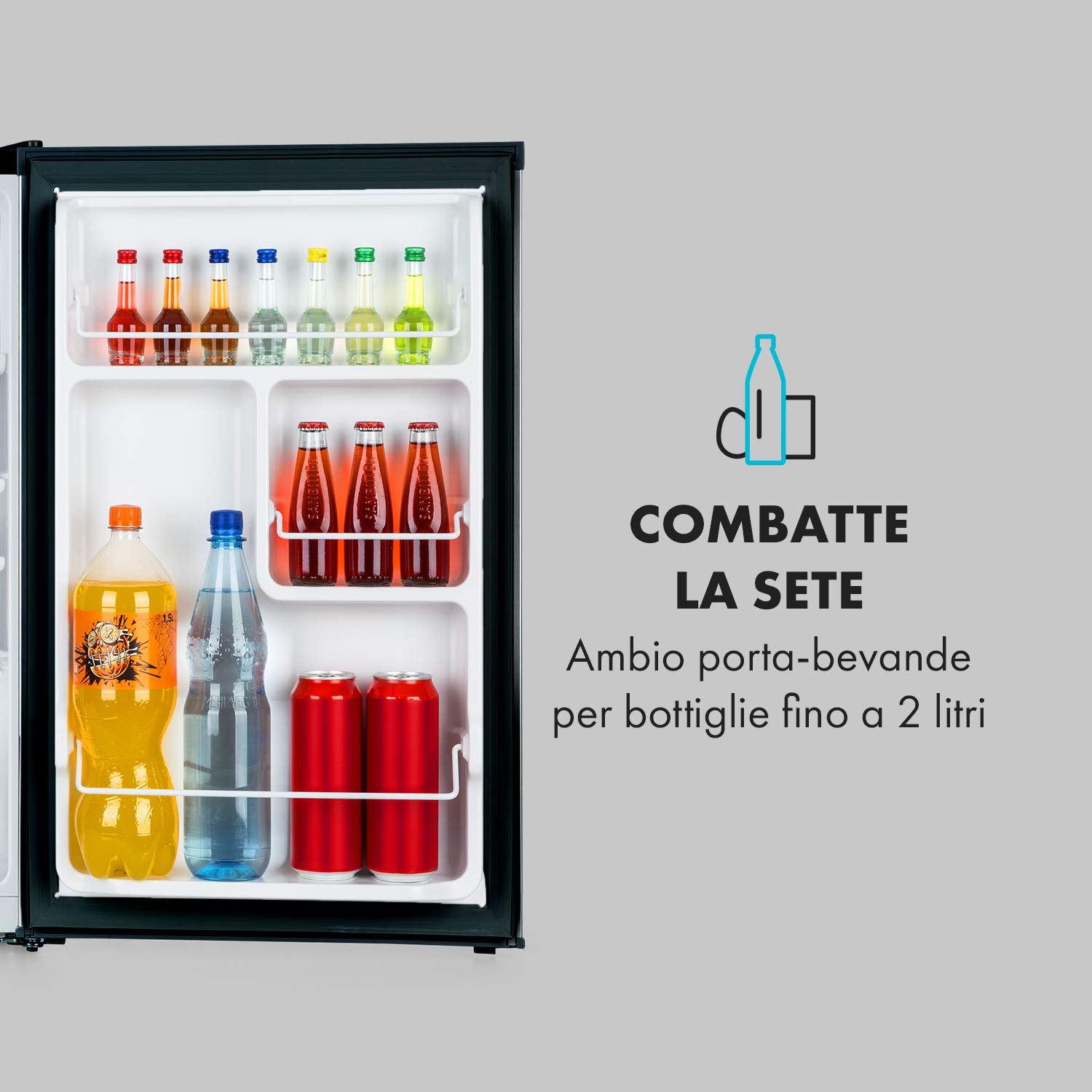 KLARSTEIN Delaware - Frigorifero, 76 Litri, Classe di Efficienza Energetica E, 2 Ripiani in Vetro Flessibile, Vano Congelatore/Freezer: 4 Litri, Vano Bottiglie Fino a 2 Litri, Nero
