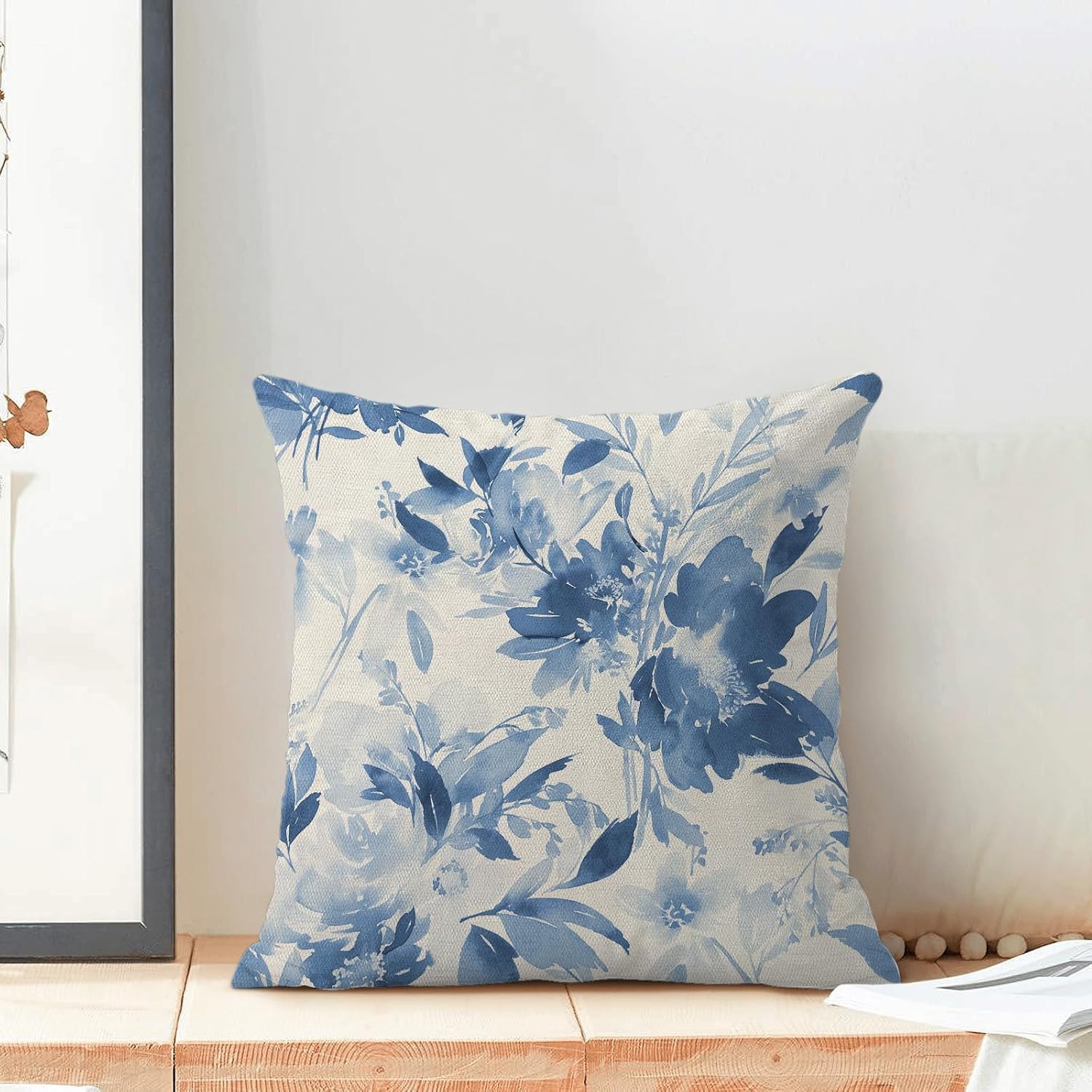 Spring Floral Pillow Covers 18x18 Set of 2 Watercolor Blue Flower Decorative Throw Pillow Covers Outdoor Decoration Vintage Summer Floral Decor Pillowcase Farmhouse Cushion Case for Home Couch - Image 3