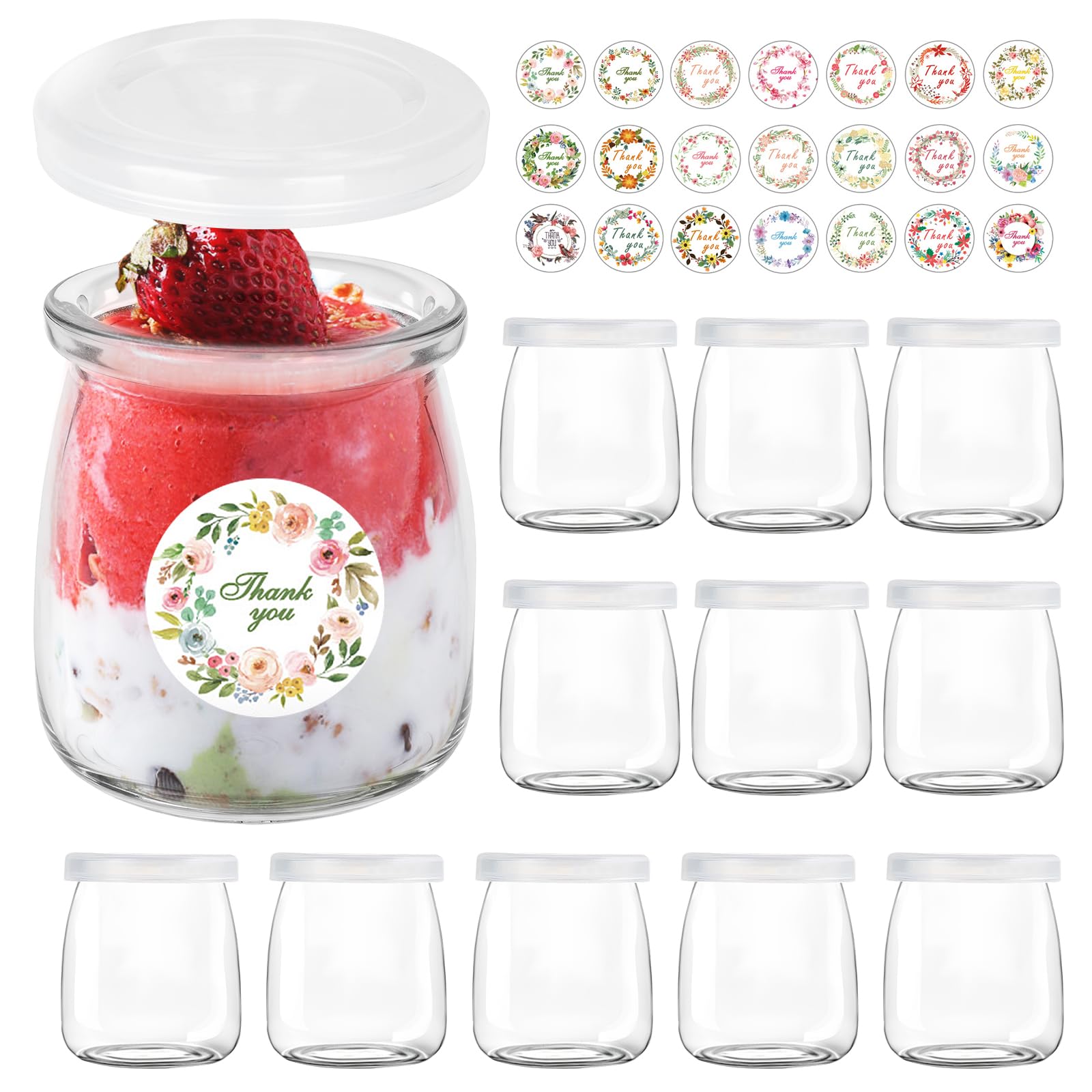 Tarros de Yogur Transparentes con Tapa de 150 ml (Pack de 12) - Tarros de yogur con tapa, para pudding-yogur, tarros de cristal para conservas de tulipanes, mermeladas, jaleas, miel, postres