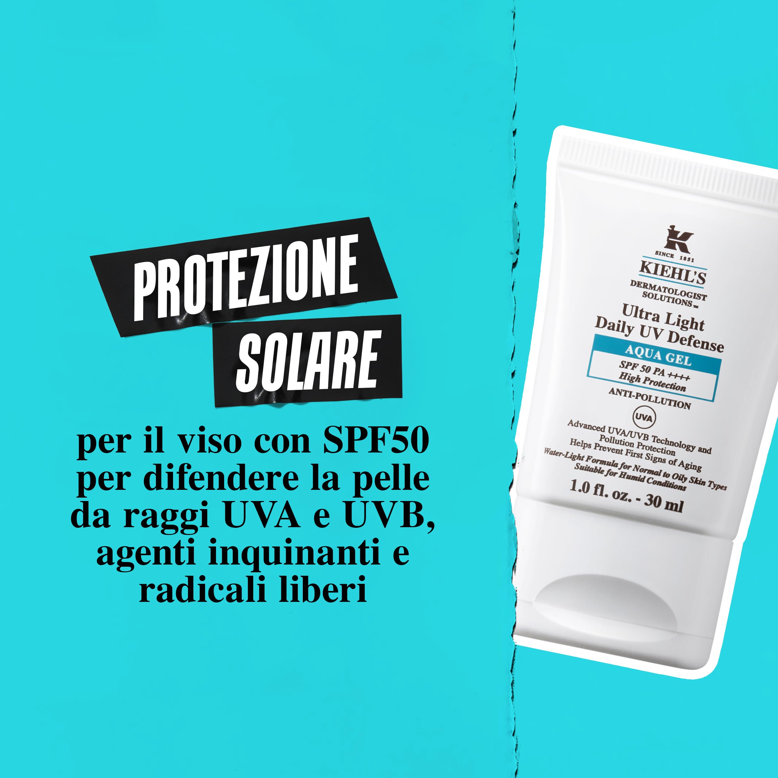KIEHL'S Ultra Light Daily UV Defense Aqua Gel SPF 50 PA, Protezione Solare Viso, Per Pelli Miste, Grasse e Sensibili, Texture Fresca e Leggera, Con Estratto di Semi di Moringa