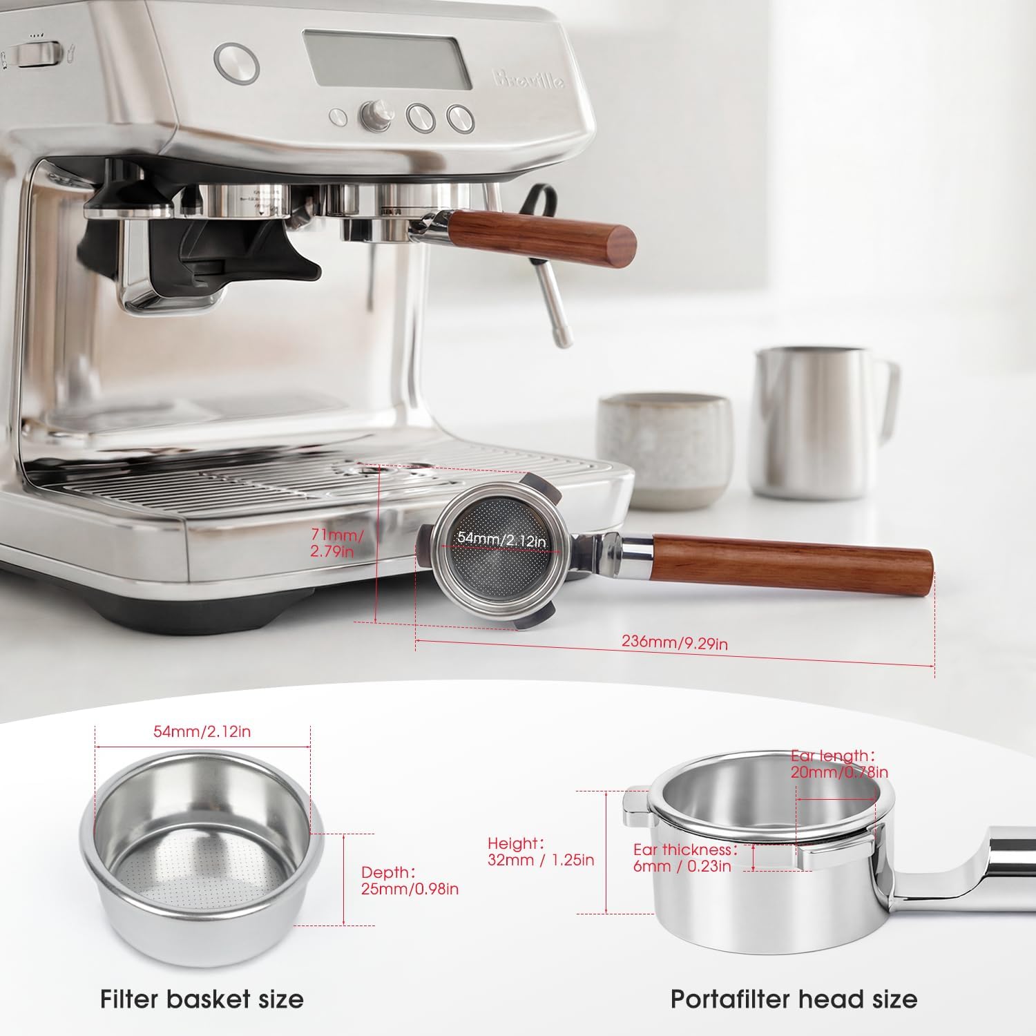 Lay-Flat Bottomless Portafilter 54mm Compatible with Breville Barista Express, Pro, Touch, and Bambino | Naked Portafilter Sits Flat for Easy Tamping