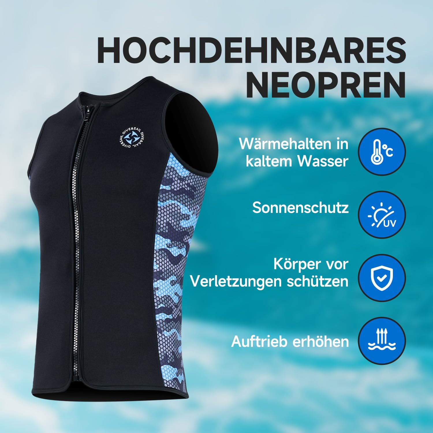 Neopren Weste und Tauchtop, 3mm ärmelloses Nassanzug-Oberteil mit vorderem Reißverschluss und Flachnaht für Tauchen, Schwimmen, Kajaken und Surfen