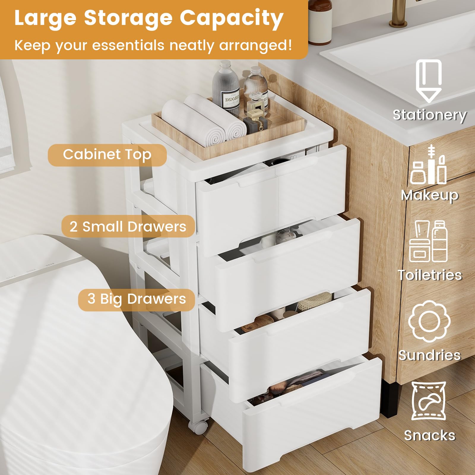 KOMFOTTEU Cómoda Estrecha con Cajones, Cajonera de Plástico con 4 Ruedas, Mueble de Almacenamiento Vertical para Dormitorio, Baño, Oficina, Blanco (4 Niveles)